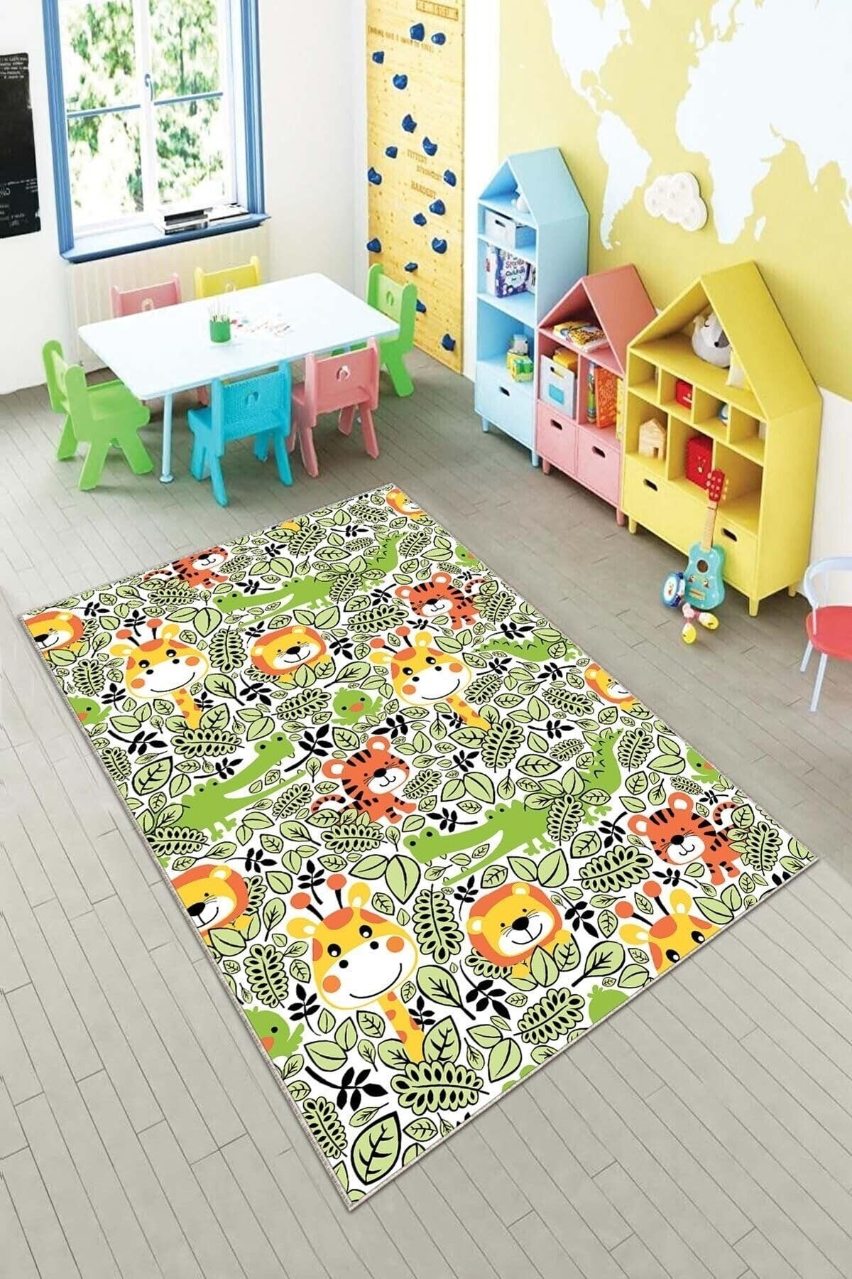 Pelangi Yeşil Safari Desenli Yıkanabilir Kaymaz Taban Leke Tutmazbebek Ve Çocuk Odası Halısı, Yeşil-Turuncu 60 x 200, 90135704260200