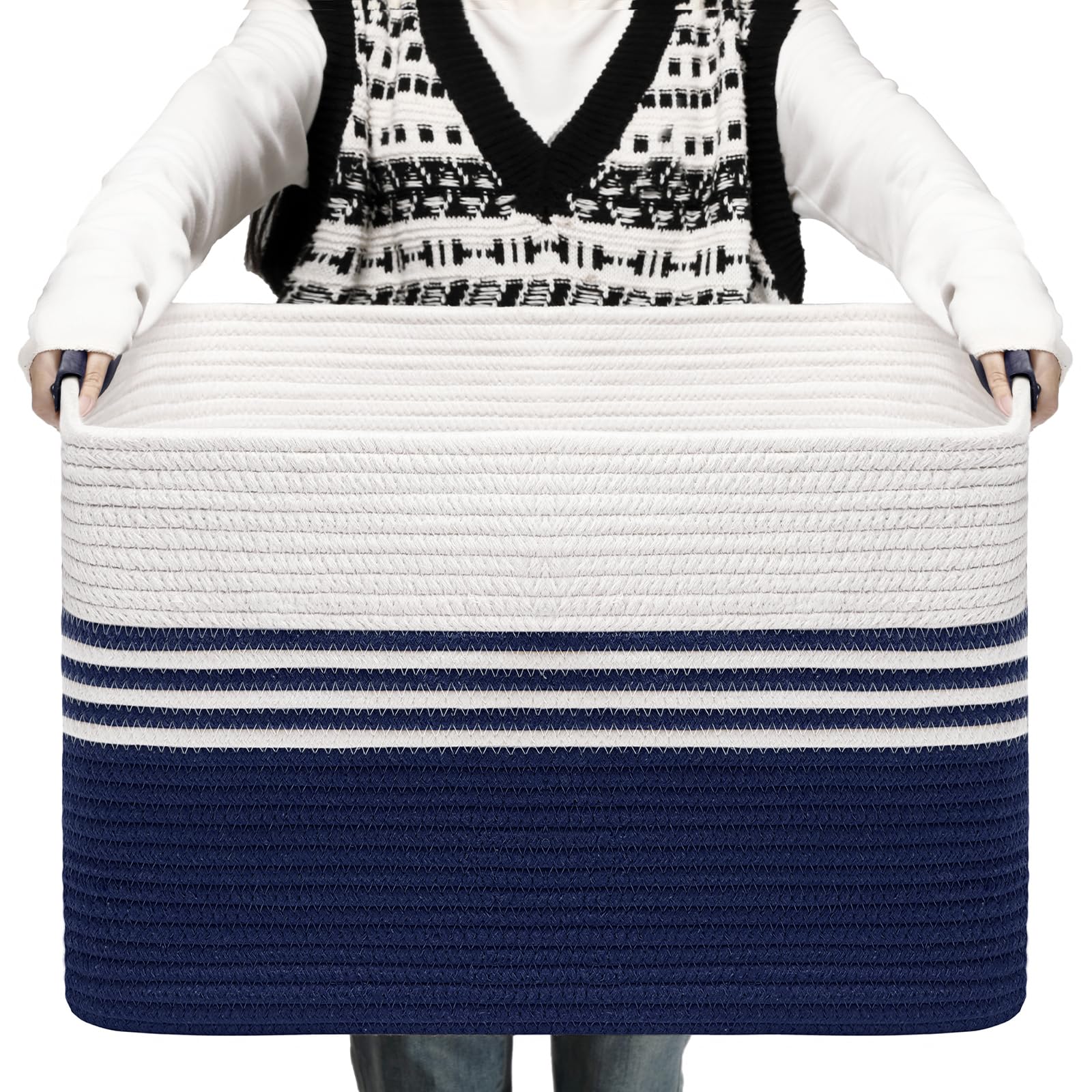 DOFASAYI Laundry Hamper - Large Blanket Basket Living Room with Leather Handles 22"x17"x12", Decorative Storage Basket for Blankets, Clothes Hamper for Living Room, Bedroom, Dark Blue