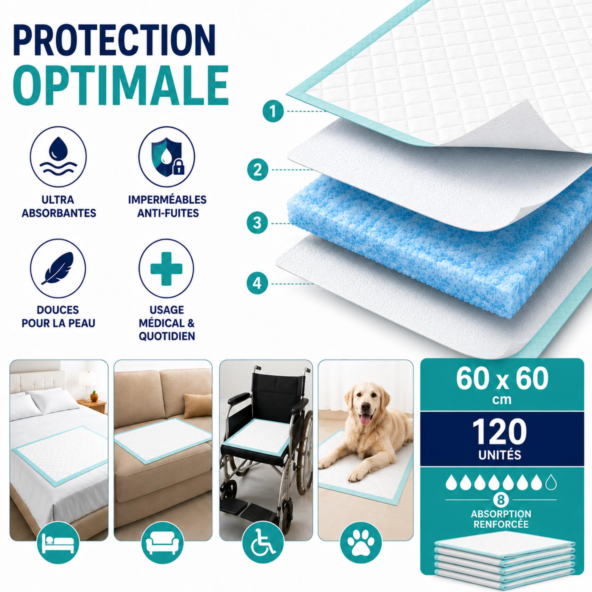 120 Alèses Jetable Ultra-Absorbante pour Incontinence (60x60 cm) – Imperméable, Hypoallergénique et Douce – Protection pour Lits, Fauteuils et Chaises – Le Pro du Médical