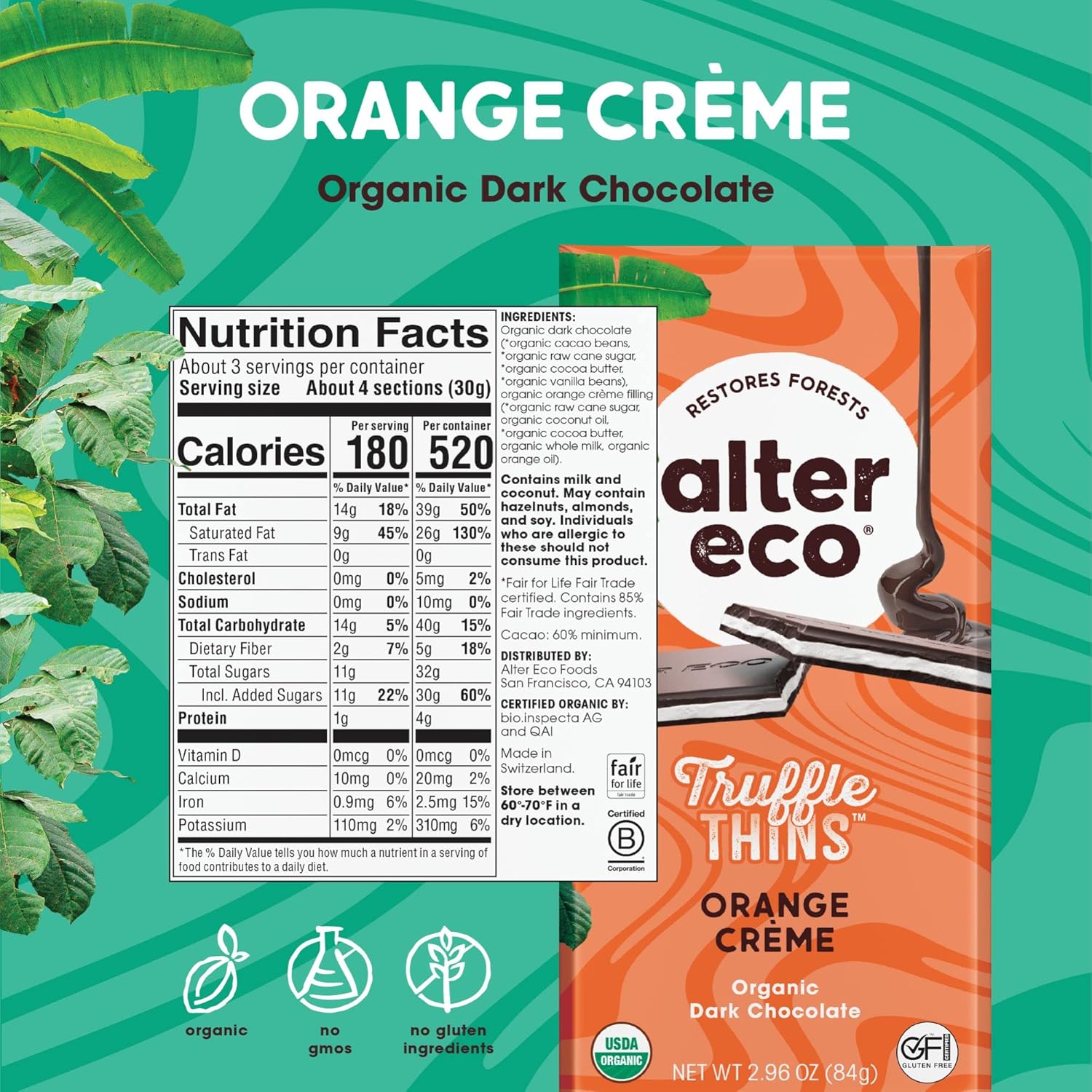 Alter Eco Orange Creme Truffle Thins, Chocolate Bar with Gooey Ganache Truffle Filling, Organic, Gluten & Soy-Free, Non-GMO Snacks, No Additives, Recyclable Packaging, Fair Trade (6-Pack Orange Creme)