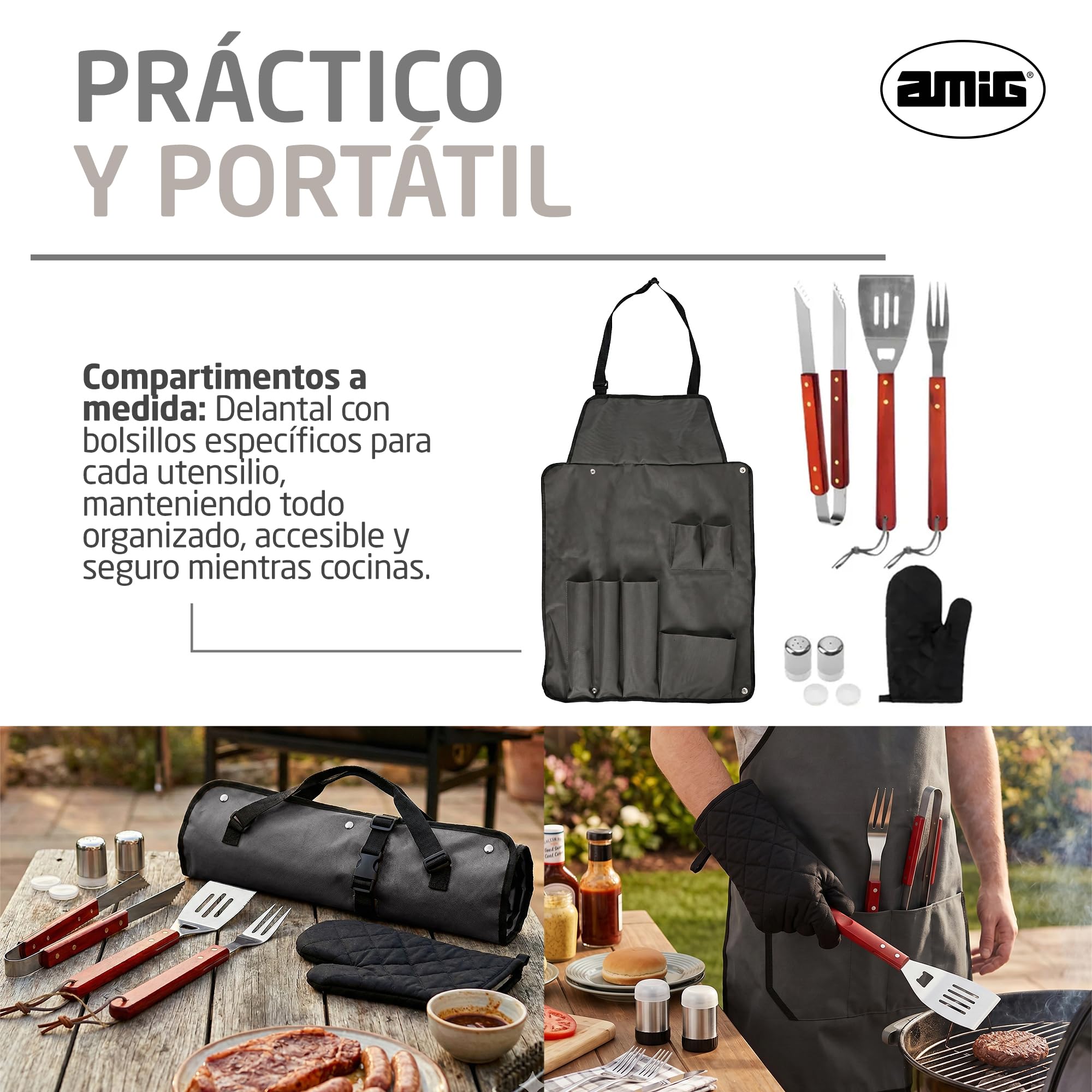 Amig - Delantal Barbacoa con 7 Accesorios - Acero Inoxidable - Set Utensilios BBQ - con Bolsillos - Accesorios Prácticos y Presentación Cuidada para Regalo - Mod. AM17