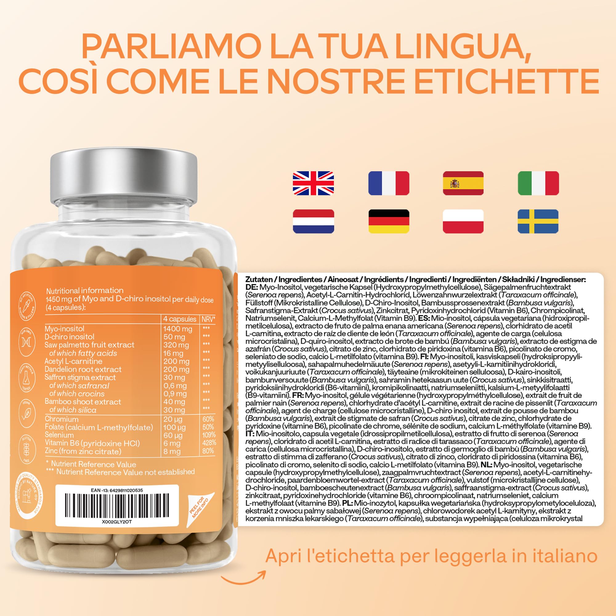 Myo Inositolo e D-Chiro Inositolo Integratore 1450mg | Equilibrio Ormonale e Supporto Metabolico Femminile con Tarassaco Zafferano Acido Folico Cromo Zinco Selenio Vitamina B6-180 Capsule Vegane