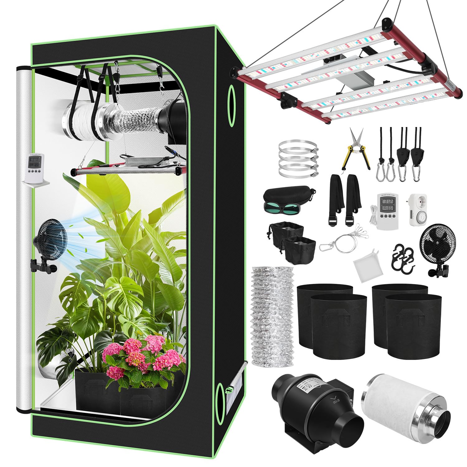 Daromigo Kit complet de tente de culture 100x100x200cm avec lampe de croissance LED à intensité variable, tente de culture, incluant un filtre à charbon actif de 4", un ventilateur silencieux et un
