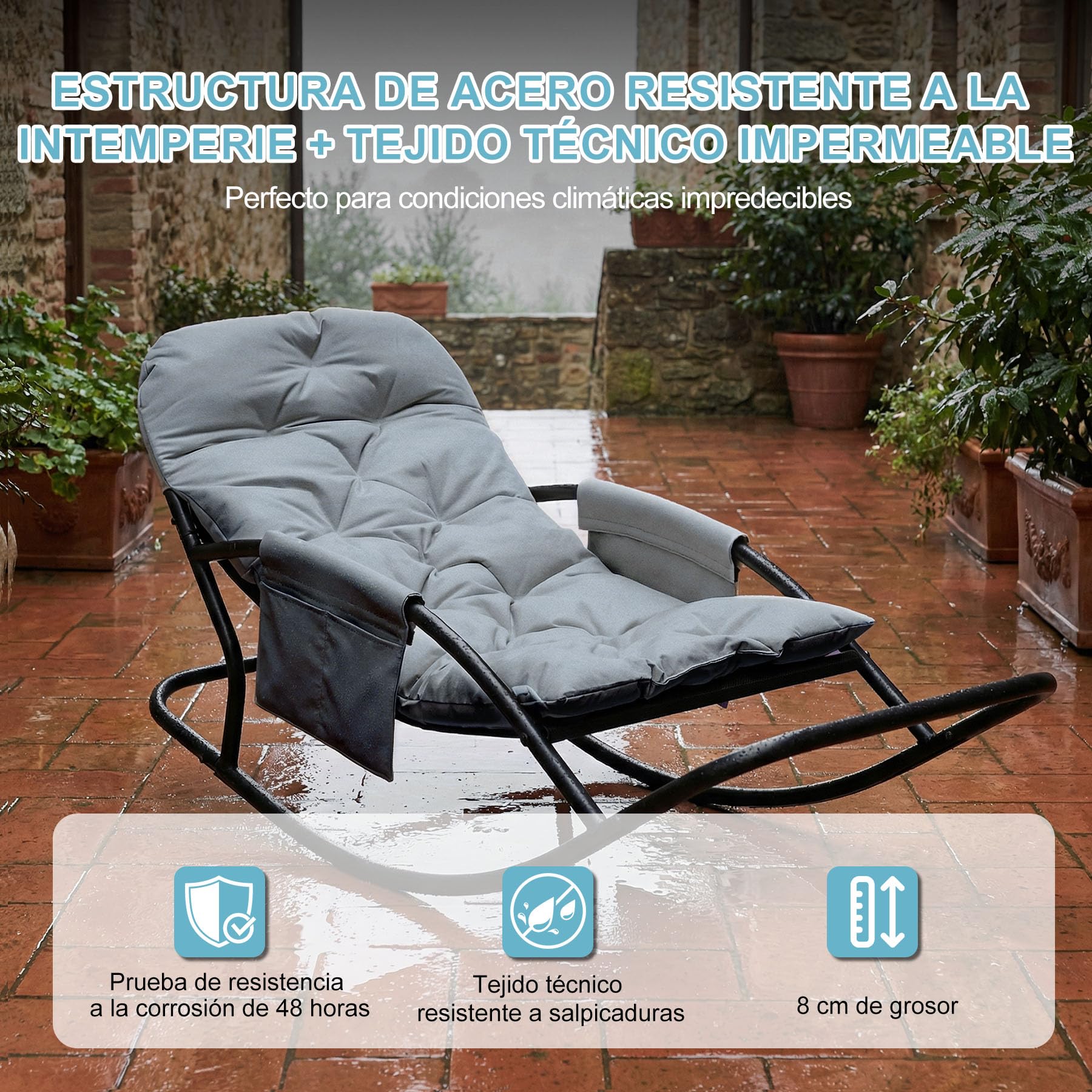 Sillón Mecedor Exterior, Silla Mecedora Papasan con Cojín y Estructura de Metal, Soporte para Pies, para Dormitorio, Salón, Terraza, Jardín, Balcón, Capacidad de Carga 120 kg, Tela técnica