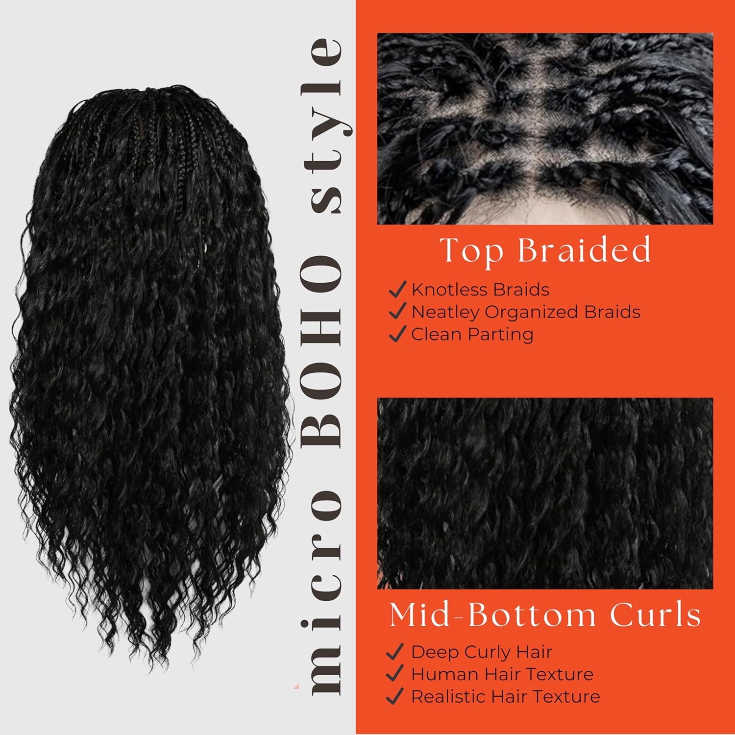 Single Full Lace Braid Wig – Micro Boho Peruvian Deep Wave Box Braided Wig, Knotless Braided Wigs for Black Women, Curly Hair Wig, with Natural Baby Hair (#1B Off Black, 24")