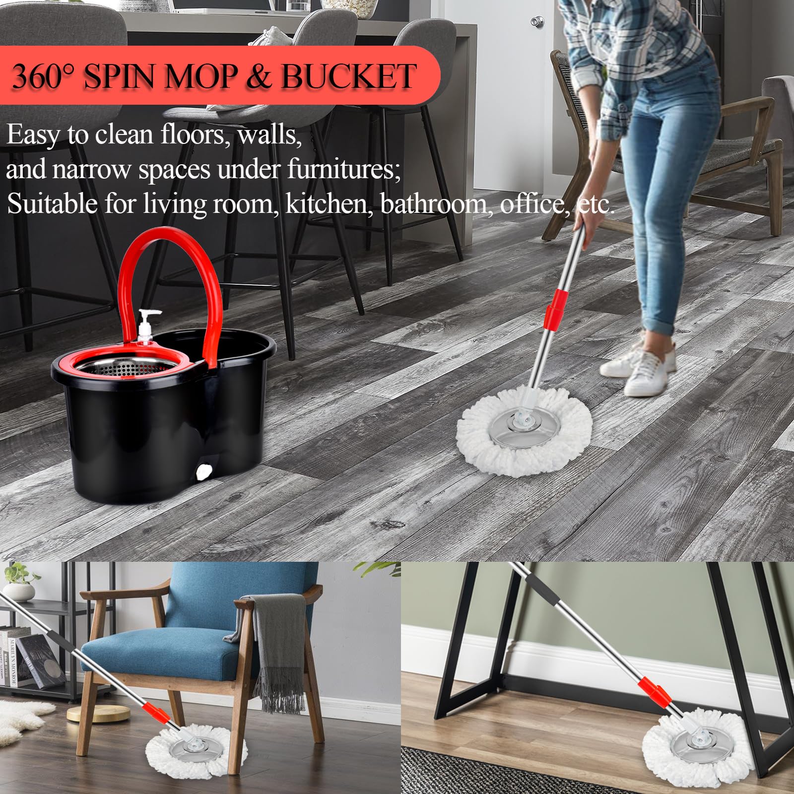 Juego de fregona giratoria y cubo, fregona y cubo con juego de escurridor, kit de fregona giratoria de 360° con 2 cabezales de repuesto de fregona de microfibra adicionales, sistema de cubo giratorio