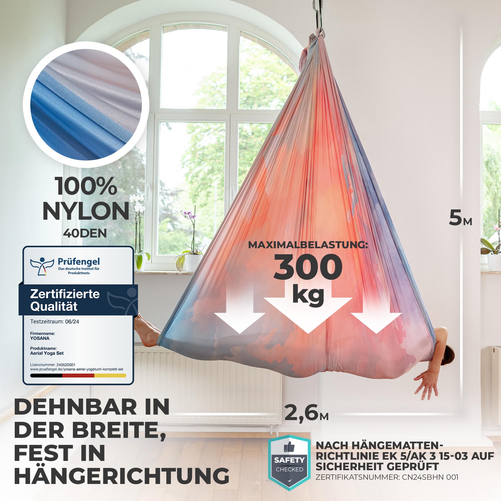 Yosana Hängematte | Komplettset inkl. Befestigung | TÜV geprüft | Nylon Tuch 5m x 2,6m