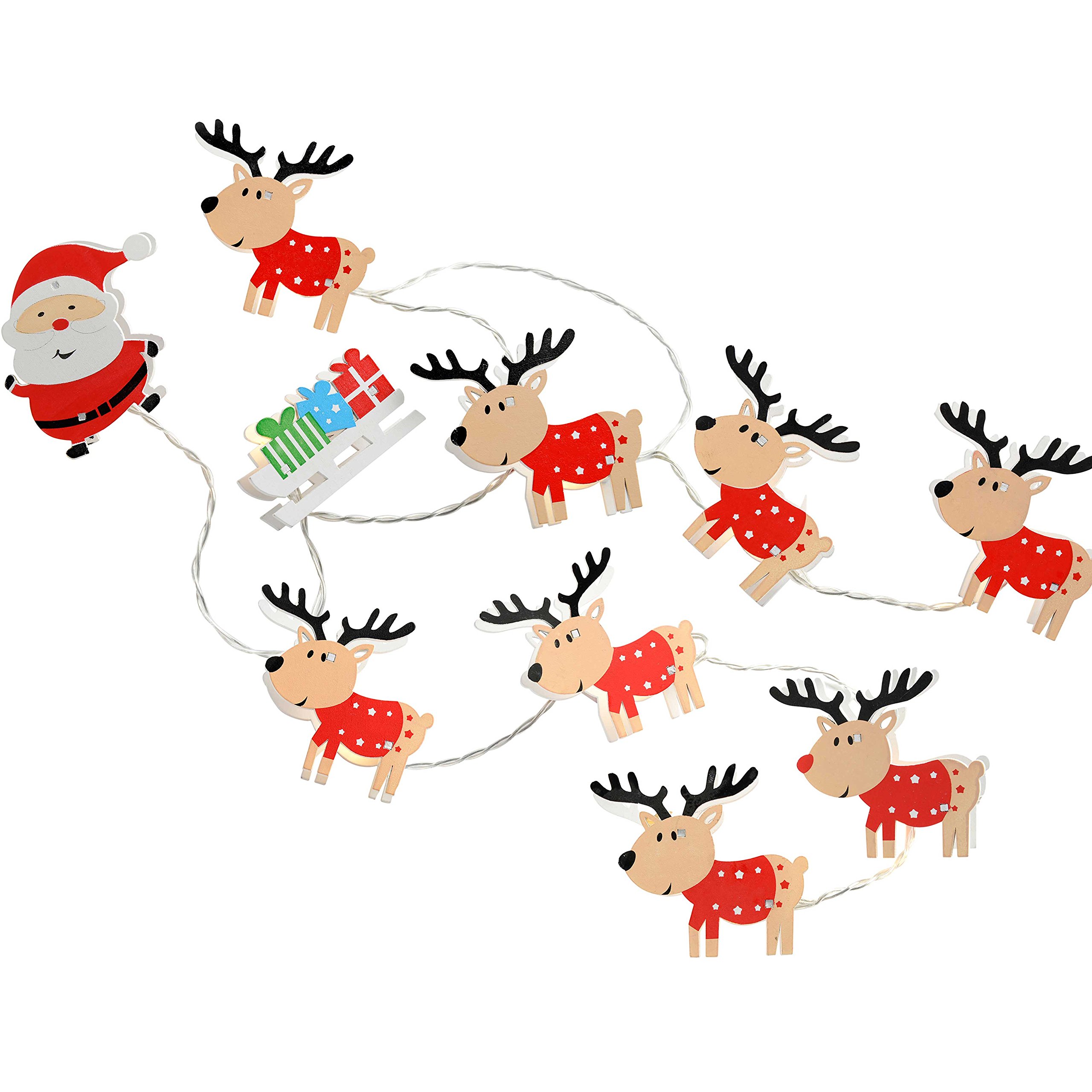 WeRChristmas LED Santa Sleigh and Reindeer Wooden Light String - Multi-Colour, Set of 11