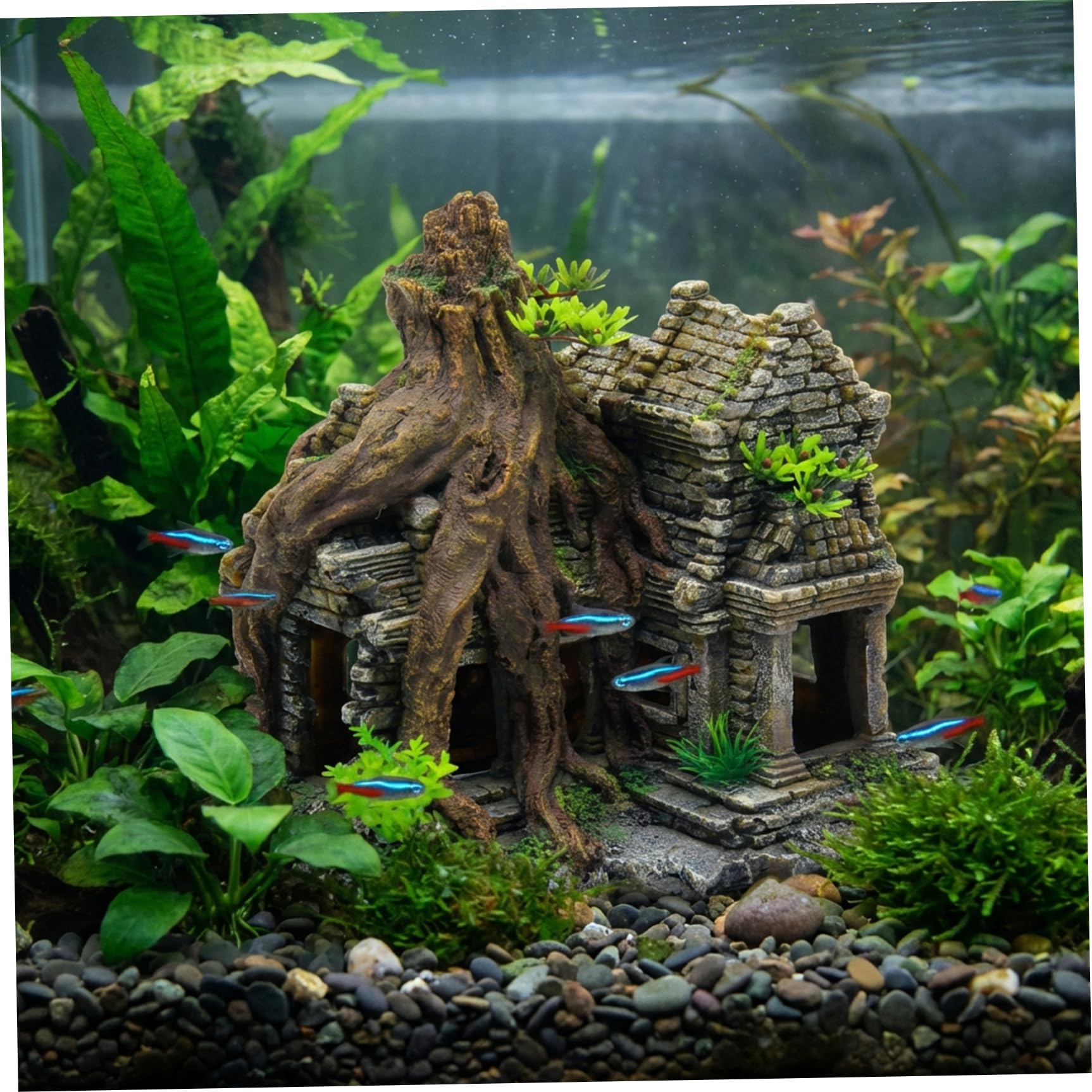 Realistico Castello ad arbusto per Acquario con Grotta – Grandi Decorazioni per Acquario, Ornamento in Resina Dipinto a Mano per Pesci Betta e gamberetti Che nascondono e Giocano