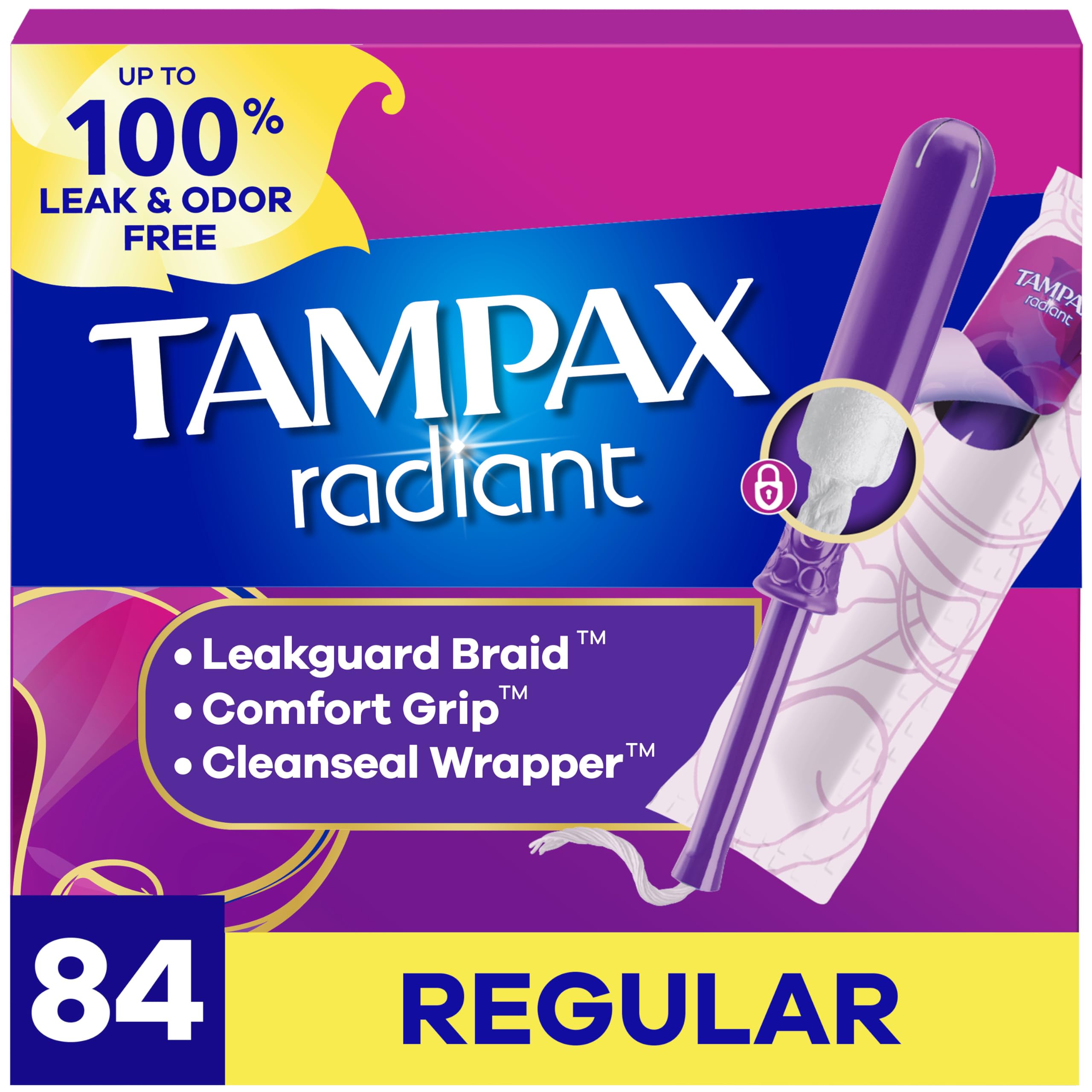 Tampax Radiant Tampons mit LeakGuard Braid, regulär, geruchlos, 84 Stück