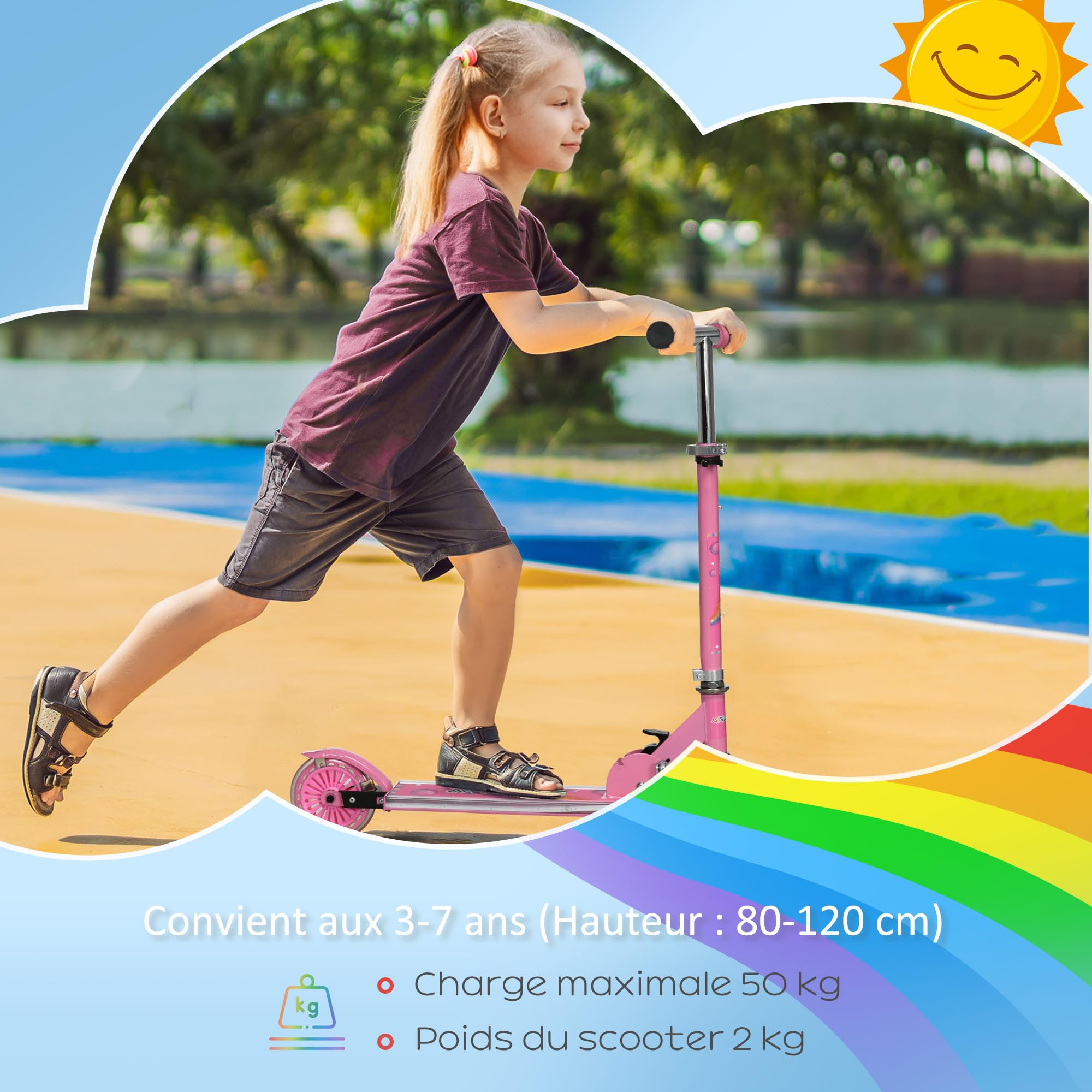 HOMCOM Trottinette pour Enfants de 3 à 7 Ans Pliable Roues Lumineuses en PU, 12 LED, Musique, Hauteur Guidon réglable sur 4 Niveaux, Frein à Friction