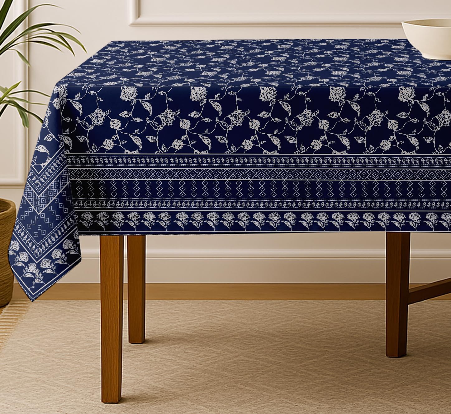 Leaves Design Tablecloth- Blue 60x60 Inch Cotton Twill Dining Table Cover, Perfect for 4 Seater Tables, Durable, Protective & Washable, Ideal for Everyday Use, Festive Occasions & Gatherings
