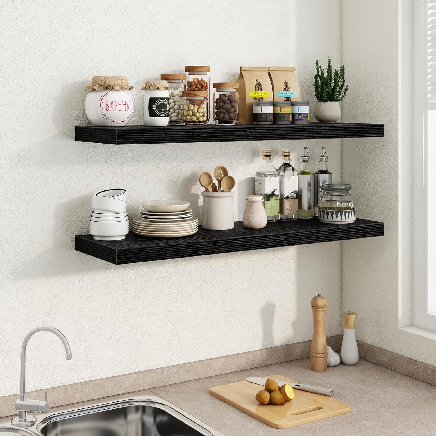 fun memories 40" w x 9.3" d black floating shelves for wall, deep long floating shelf for home bathroom, bedroom, living room, rustic wood wall mounted shelves for books decor black 40 inch, 2 pack