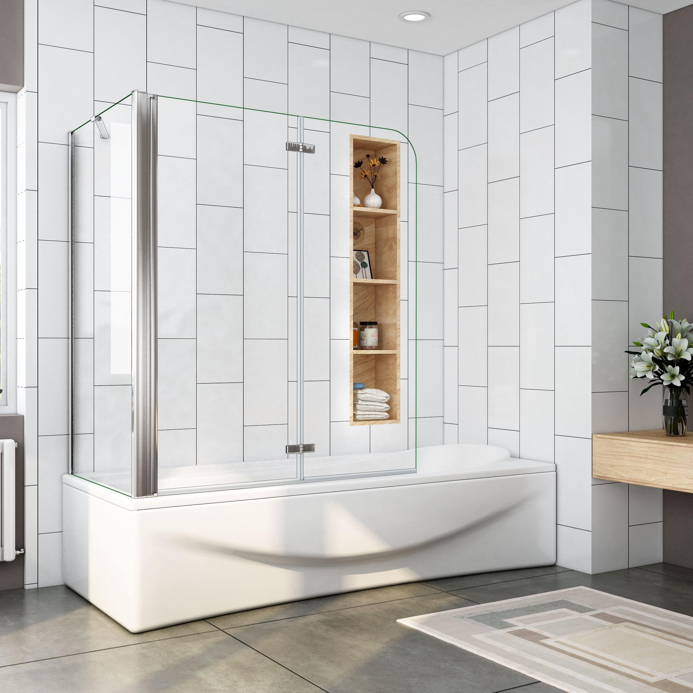 AICA Mampara de Bañera Abatible 2 Hojas con un Panel Fijo Cristal Antical 6mm Plegable Tamaño:(893-913) x(678-698) x1400mm