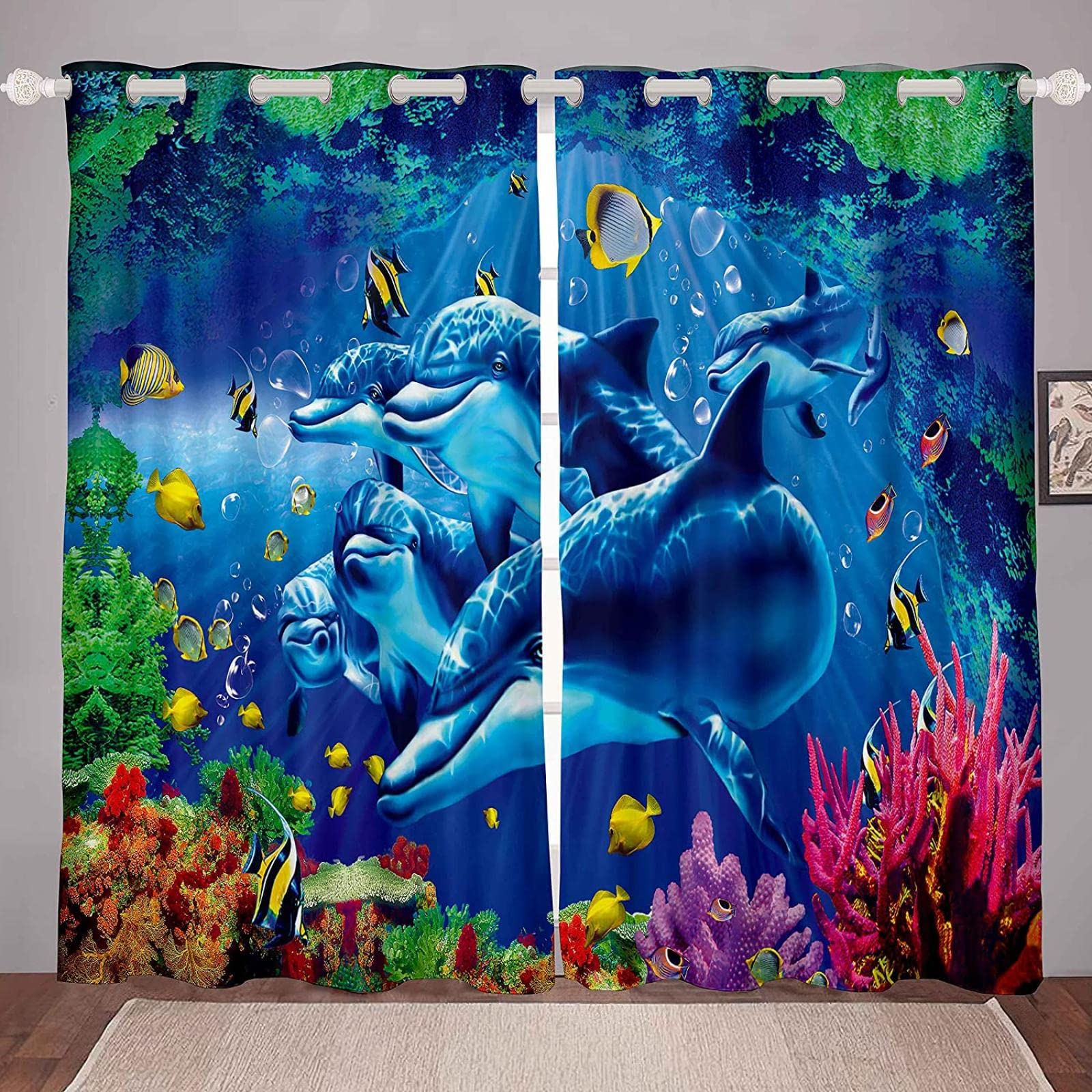 Cortina Opaca Termica, Vida Marina De Los Delfines 150X166Cm 2 Piezas Cortinas Salon Moderno Aislantes Frío Calor Luz, Cortina Corta Para Ventana Oficina Habitacion Dormitorio Infantil Bebe Niños