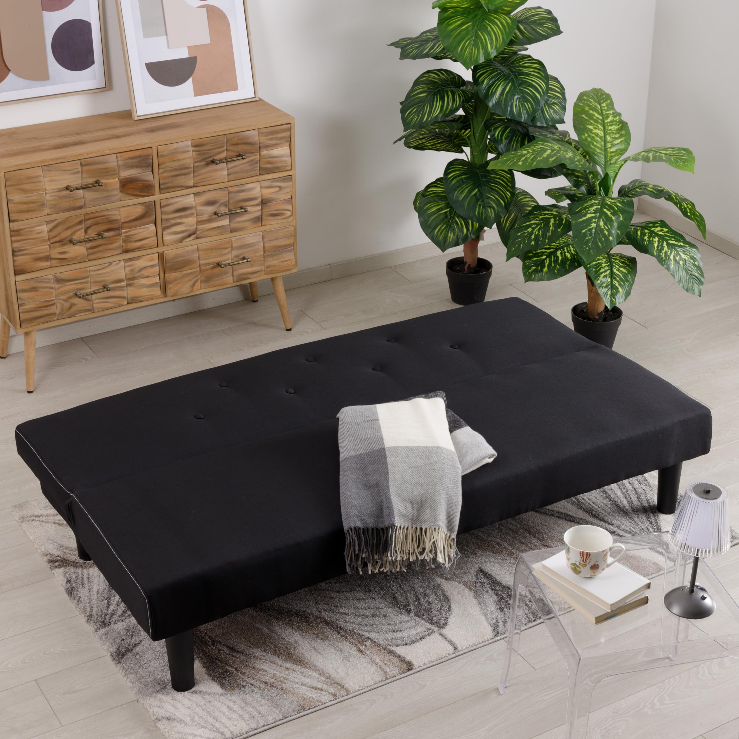 Baroni Home 3-Sitzer Stoff Sofa Bett umwandelbar in Polsterbett, Liegesofa mit Kunststoffbeinen für Wohnzimmer, Gästezimmer, Öffnet 93 cm, 167x70x77 cm (Schwarz)