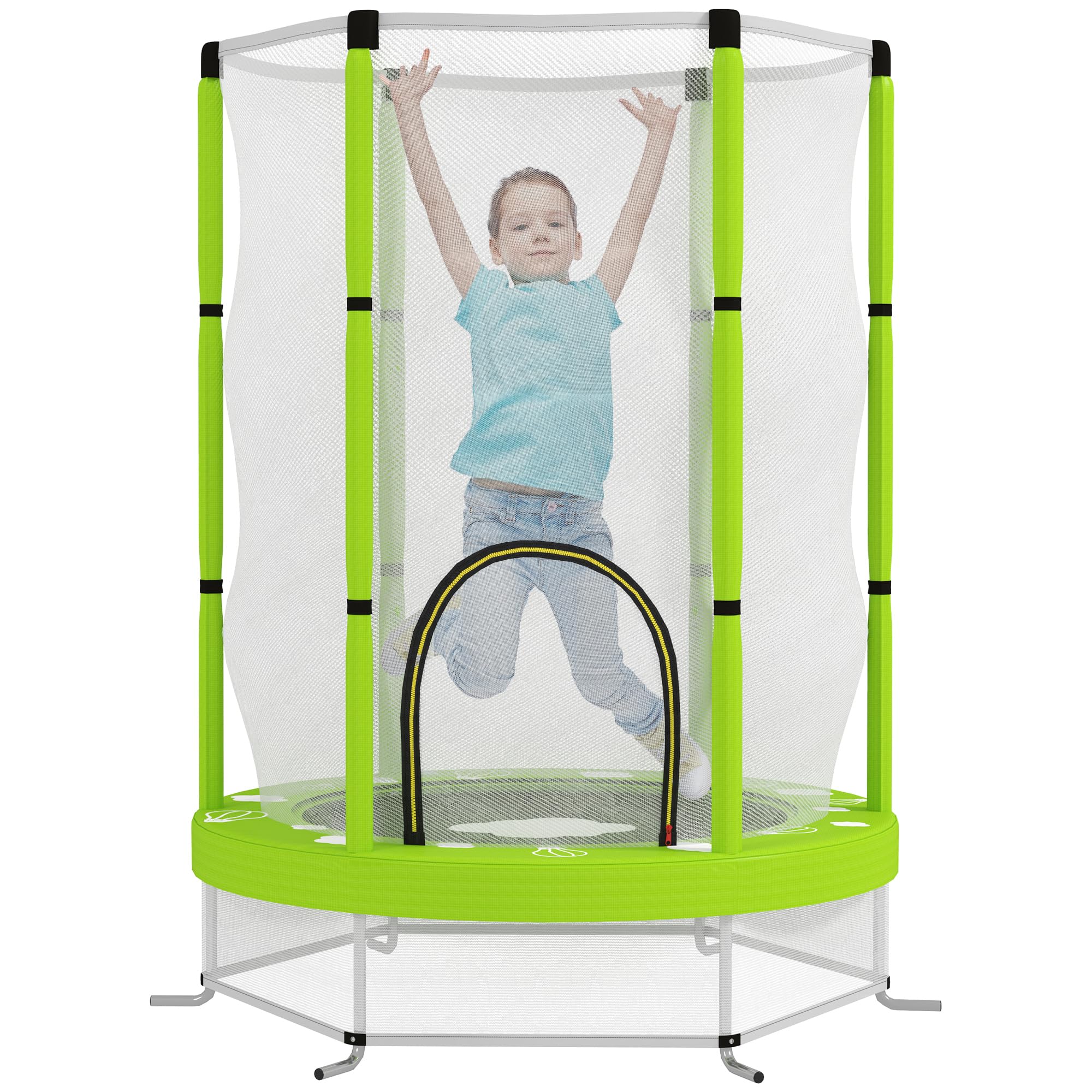 AIYAPLAY Trampolino Elastico per Bambini Ø140 cm con Rete di Sicurezza, Tappeto Elastico per Bimbi da 3-6 Anni con Disegni, per Interno ed Esterno, Verde