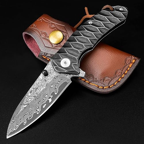 AUBEY Cuchillo de bolsillo de Damasco para hombre, cuchillo plegable de acero de Damasco VG10 forjado de 2.95 pulgadas con funda, hoja de gota de