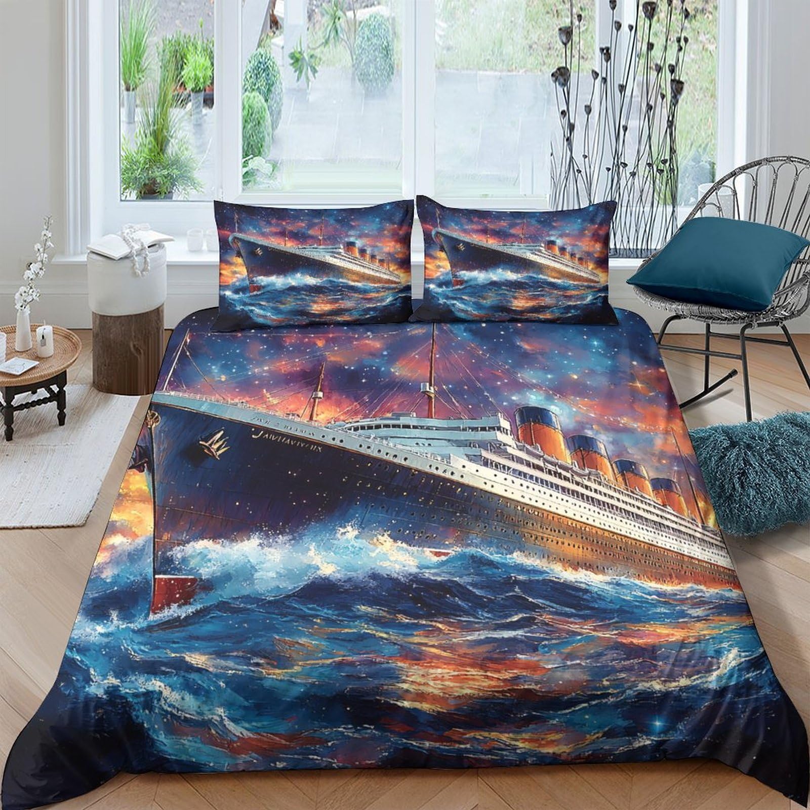 GPLZQXKJNH 3D Printed Ocean Night Cruise Duvet Cover Microfiber Soft Breathable Ship Bedding Set with 2 Pillowcases for Bedroom Decor Single（135x200cm）