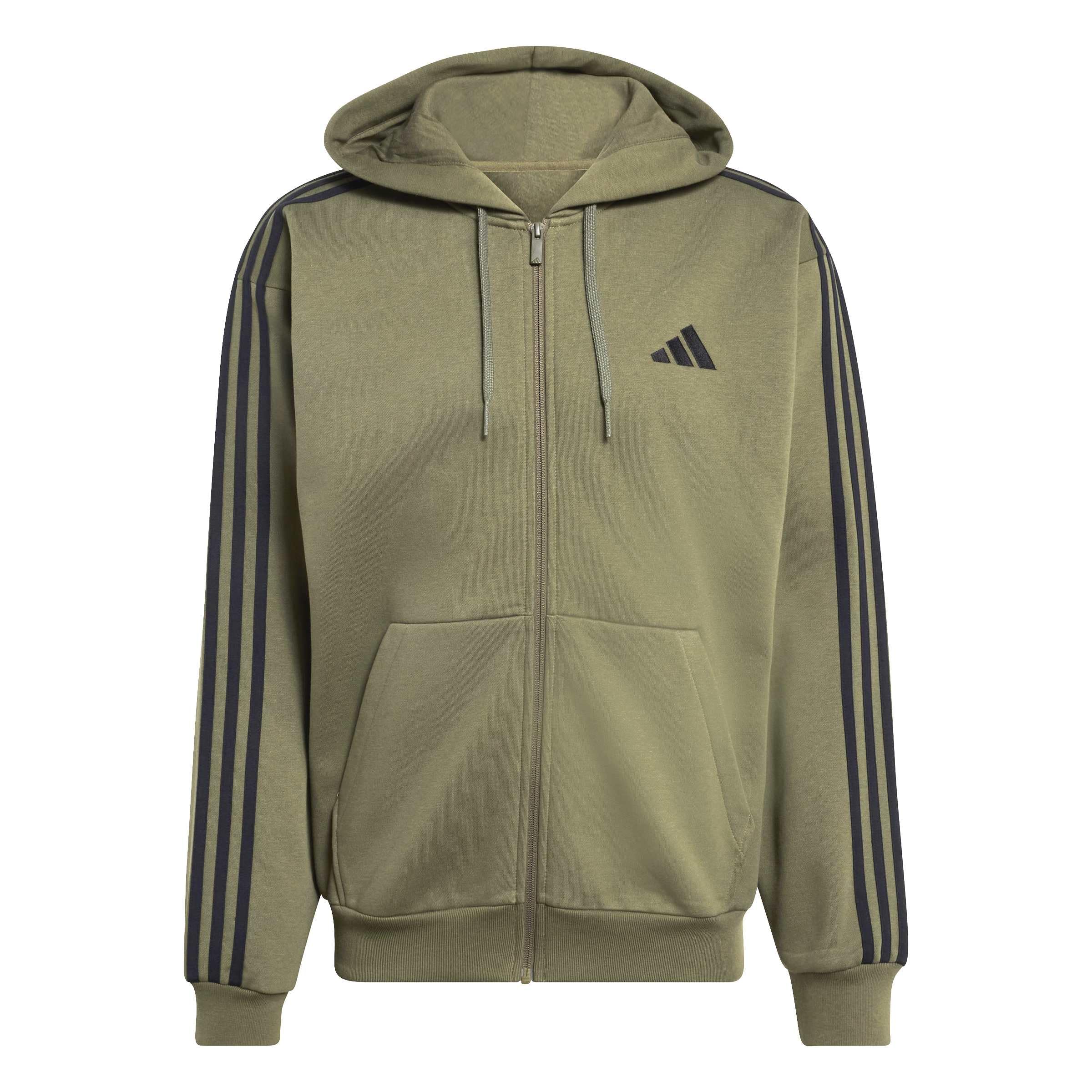 adidas Mezczyzni Essentials 3-Stripes Fleece Full-Zip Hoodie Sweatshirt, Olive Four/black, M