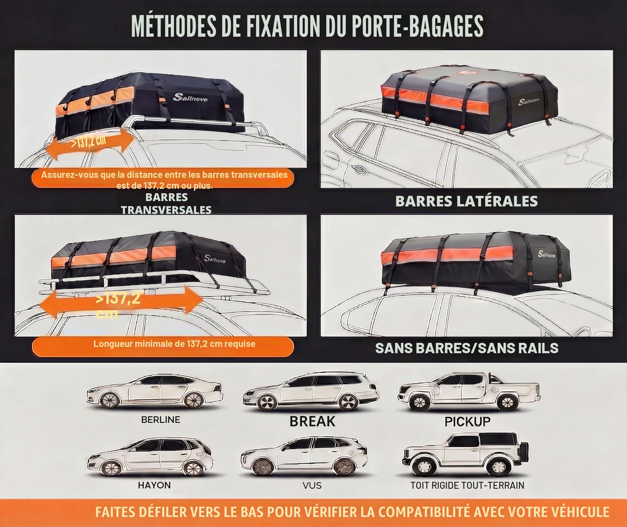 Sailnovo Coffre de Toit de véhicule Étanche Sac de Toit Voiture pour Voyage Résistant aux Intempéries avec Tapis Antidérapant, 6 Crochets de Porte et Cadenas à Combinaison, 590L 1000D PVC