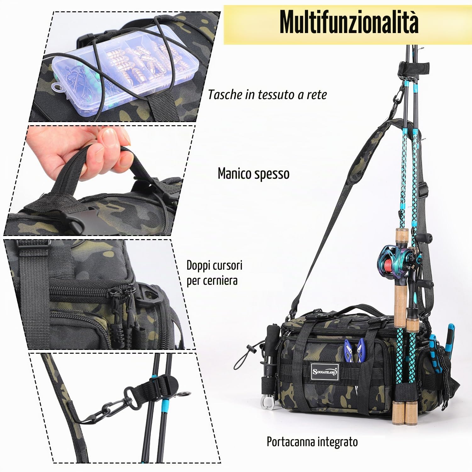 Sougayilang - Borsa da pesca, borsa per attrezzatura da pesca per pesca in acqua salata o dolce - Può contenere esca, cibo per pesci, mulinelli da pesca, ecc., tracolla imbottita - Borsa per scatola