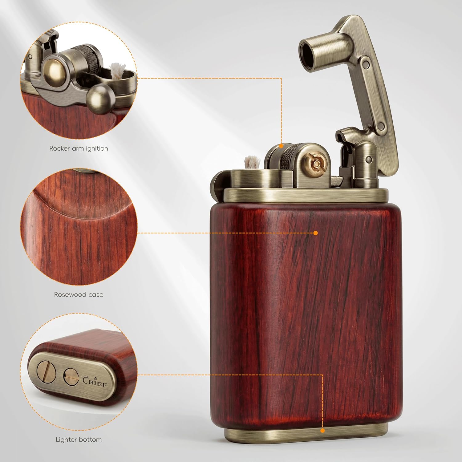 Vintage Rosewood Rocker Arm Kerosene Lighter - Antique Copper-Toned Mechanical Trench Fire Starter, Leak-Proof O-Ring Seal, Wood & Metal Petrol Device, Unique for Men, EDC