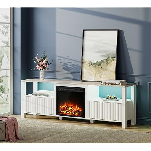 WAMPAT Electric Fireplace TV Stand for 75 Inch TV with RGB LED Light, White TV Console Table with 18 Inch Fireplace Insert, Wood Entertainment Center with Heater & Storage Cabinet, 70 Inch