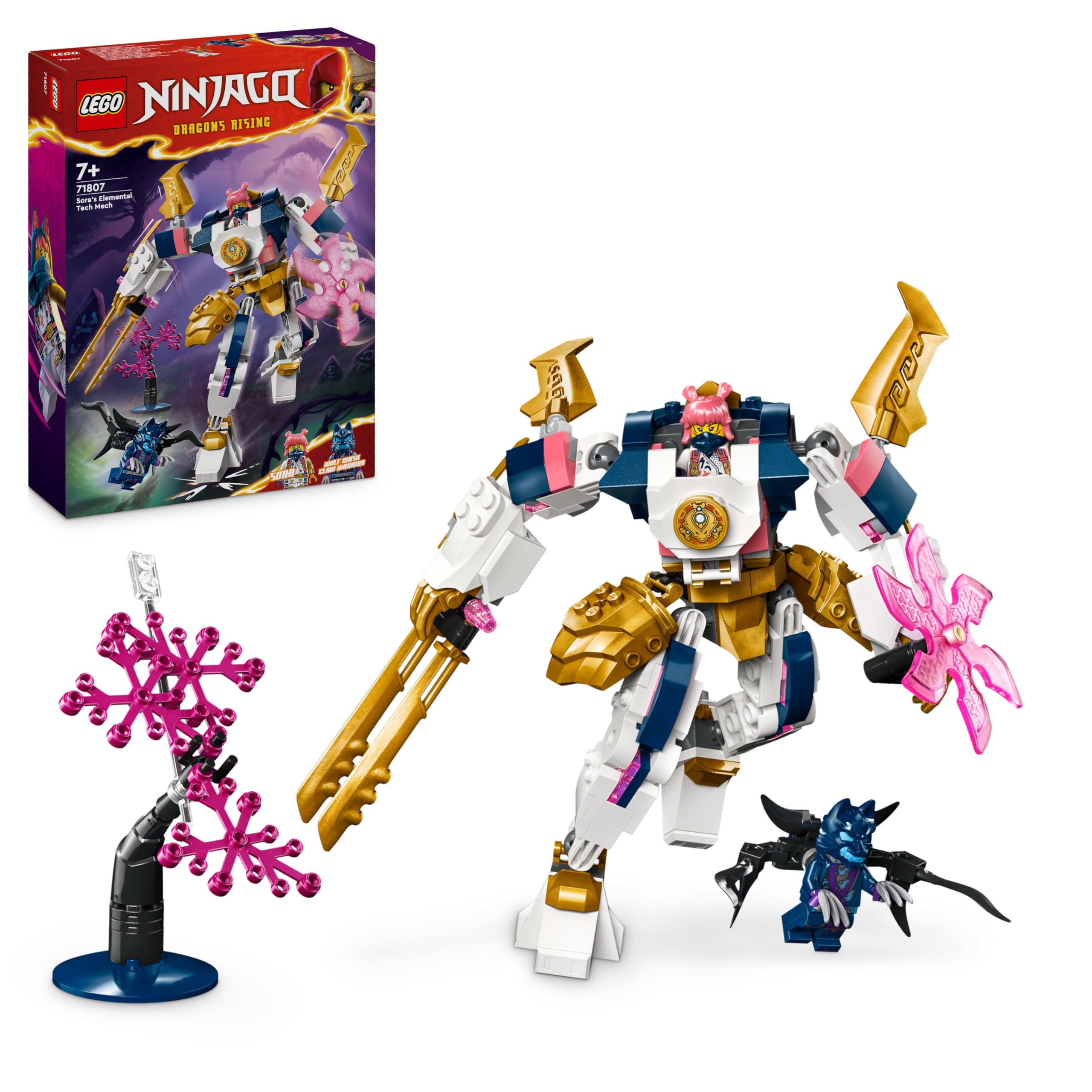LEGONINJAGO Sora’s Elemental Tech Mech, Customisable Ninja Action Figure Toy for 7 Plus Year Old Boys and Girls, Set with Katanas & Sora Minifigure for Independent Play, Birthday Gift Idea 71807