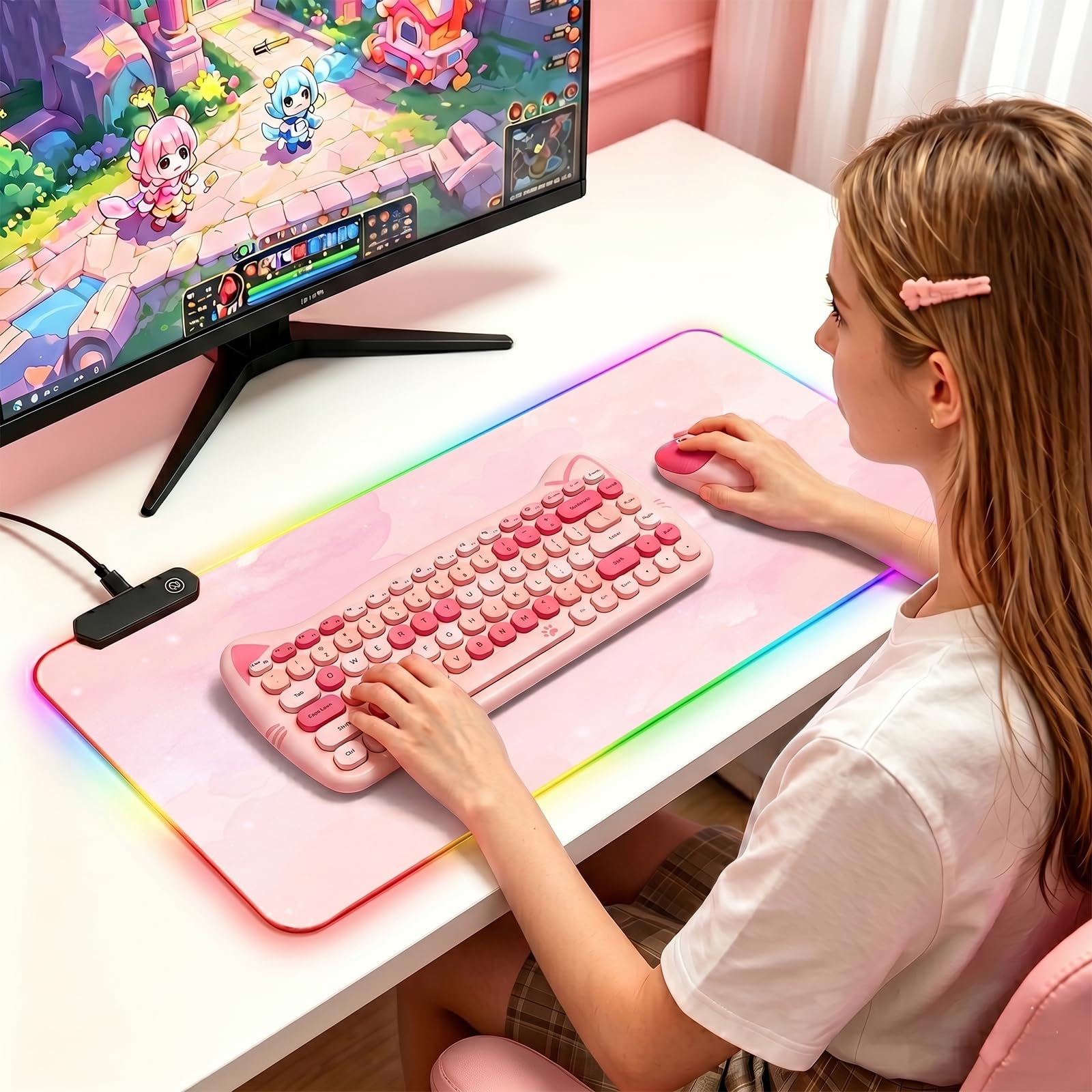 RGB, duża gamingowa podkładka pod mysz, rozszerzona podkładka pod mysz z 12 efektami świetlnymi, wodoodporna powierzchnia Mutispandex, antypoślizgowa gumowa podstawa, 80 x 30 cm (różowa mgławica)