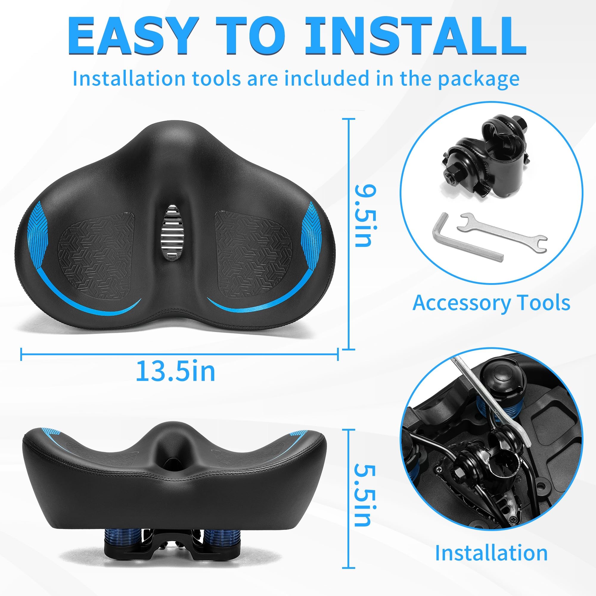 Noseless Siège de vélo surdimensionné, coussin de siège de vélo extra large pour homme et femme, grande selle de vélo pour vélo Peloton, vélo stationnaire, vélo d'appartement, vélo de ville, vélo