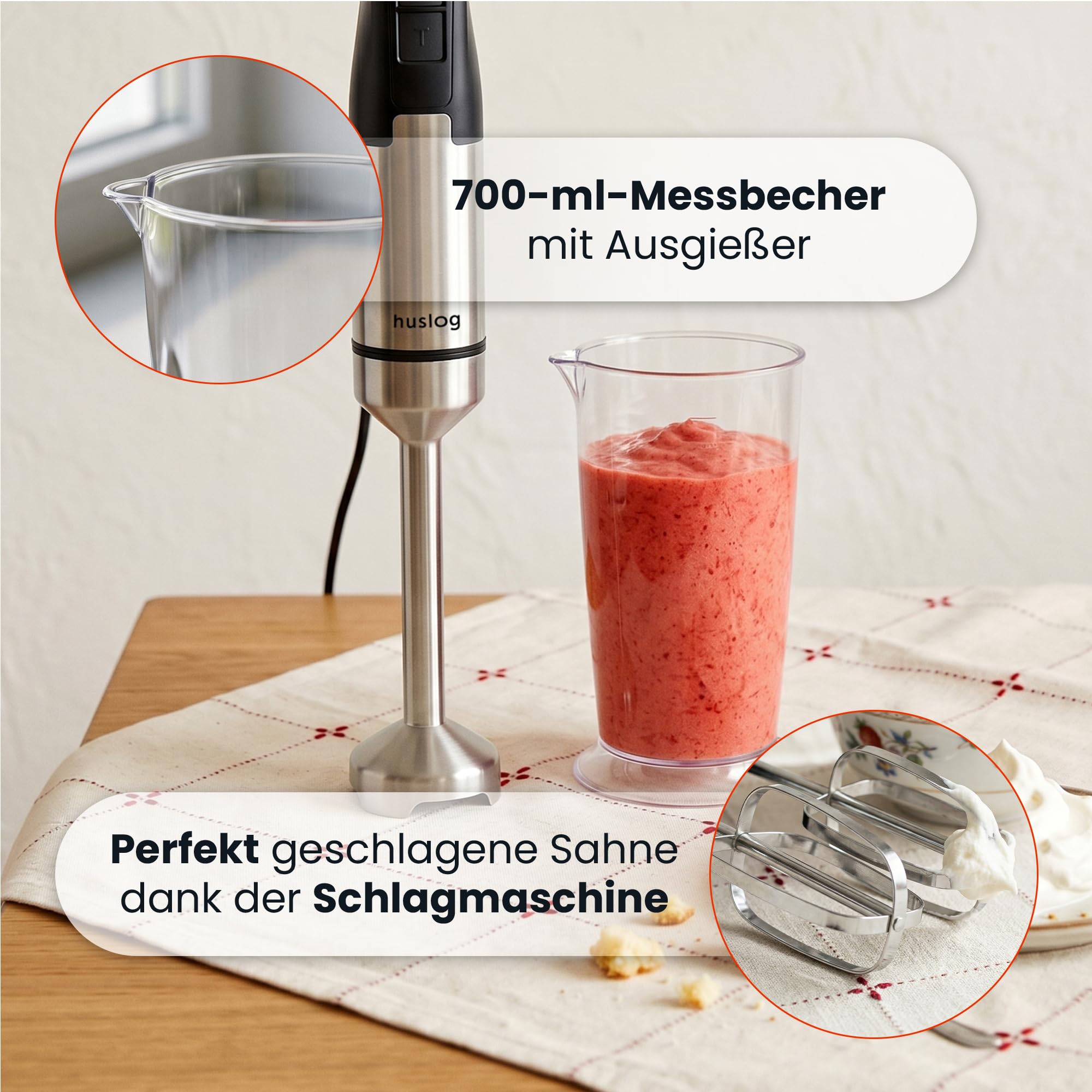 BlendPlus Stabmixer 3in1 – 1500W Hochleistungsmixer mit Edelstahlklingen, Zerkleinerer, Schneebesen & 600ml Messbecher – Stufenlose Geschwindigkeit & Turbo-Funktion – Edelstahl/Schwarz