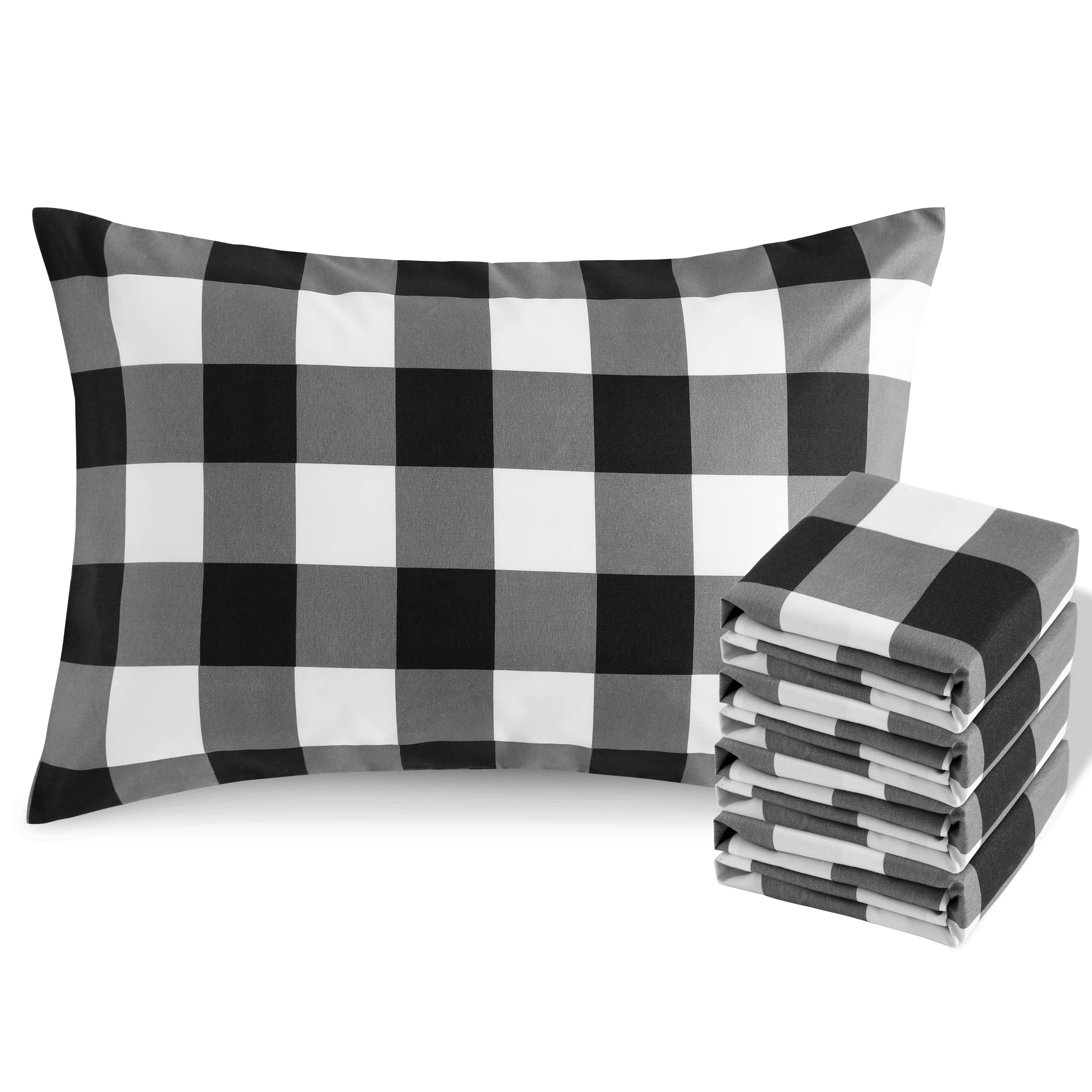 NTBAYQueen Buffalo Pillowcases Set of 4, 1800 Thread Brushed Microfiber Black and White Buffalo Pillow Cases, Super Soft and Cozy Envelope Closure 20x30 Pillowcases, 20x30 Inches