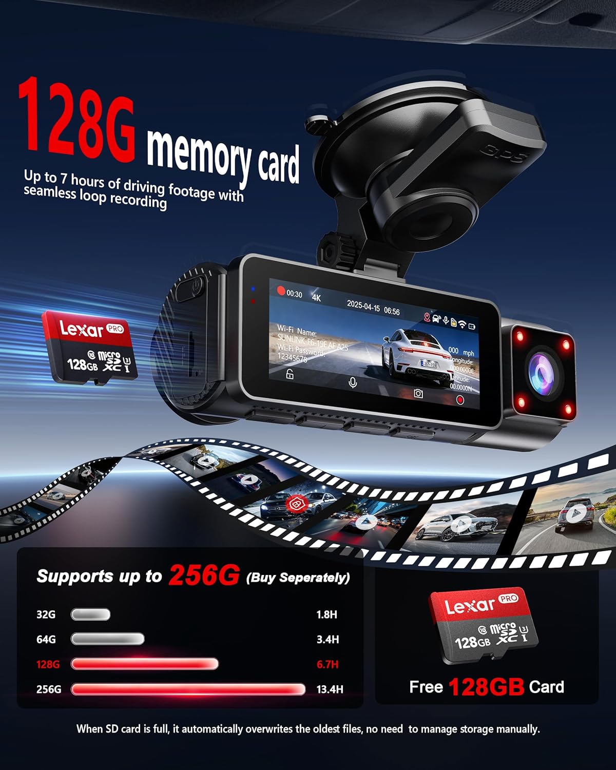 4K+2K+2K 3 Channel Dash Cam Front and Rear, 128GB Card Included, Dash Camera for Cars 5.8G/2.4G Dual Wifi, Built-in GPS, Night Vision, WDR, 170°Wide Angle, G-Sensor Emergency Lock, 24H Parking Monitor - Image 4