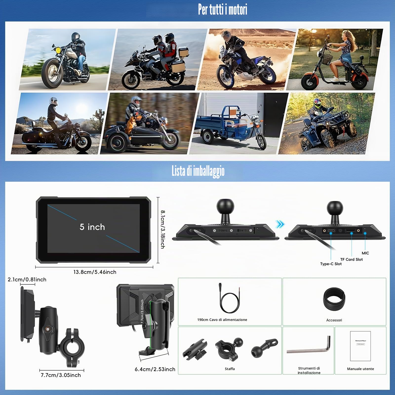 SIXWIN Senza Fili Schermata Carplay Per Moto, Portatile CarPlay & Android Auto Per Moto, 5 Pollici IP67 Impermeabile Touchscreen,Supporto Doppio Bluetooth, Navigazione GPS, Siri, G00gle