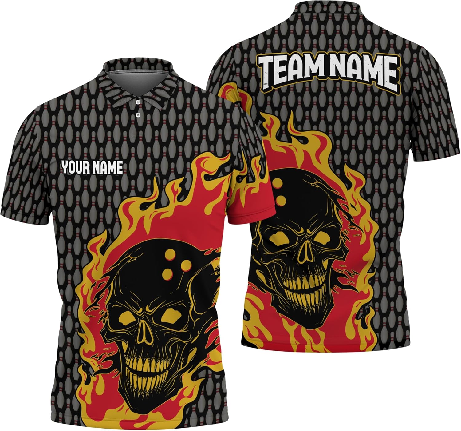 Sporty Bowling Golf Shirt Personalized Fire Skull Bowling Pin Collared Tshirt for Bowler Printed Bowling Related Clothing