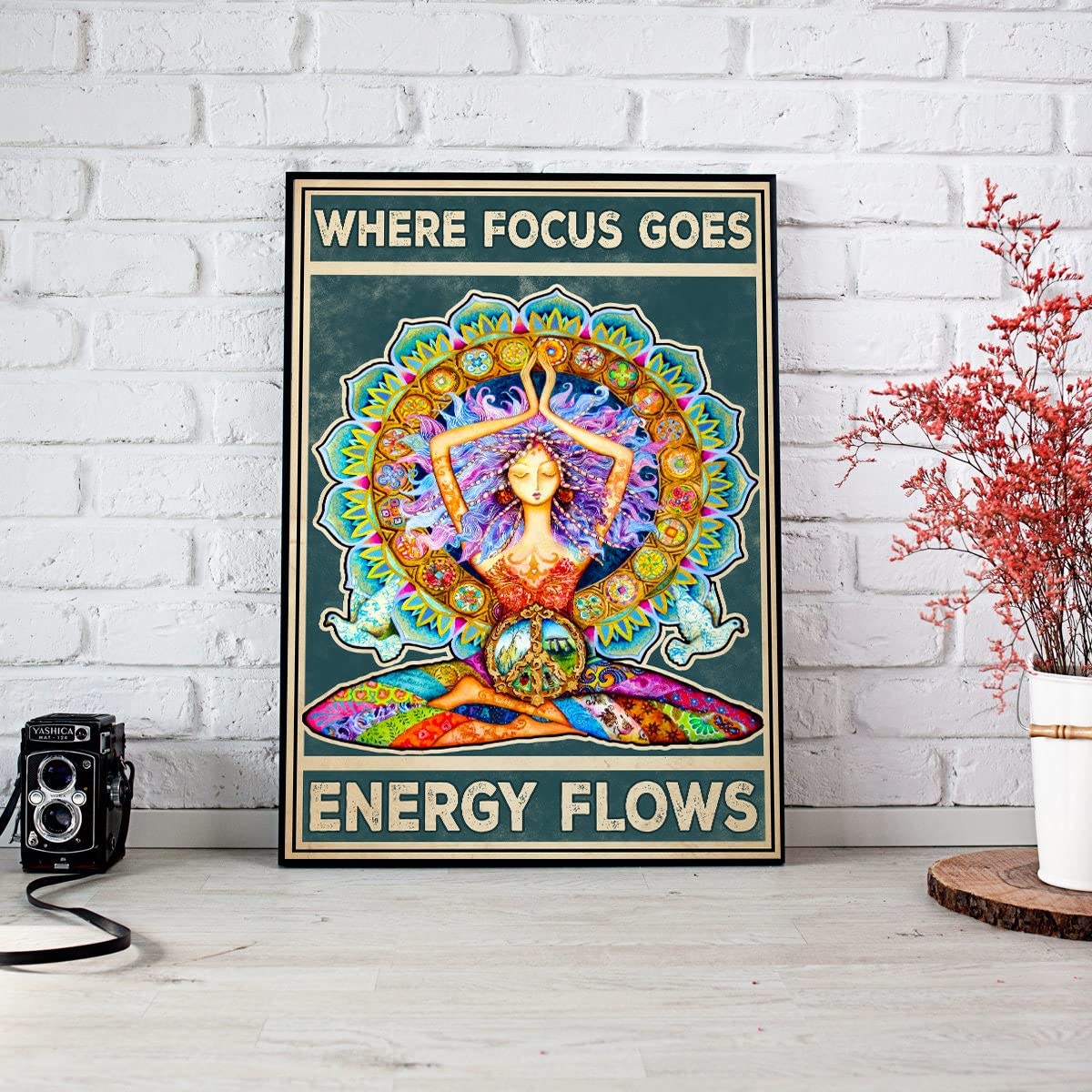 Eeypy Girls 7 Yoga Poster Where Focus Goes Energy Flows Poster Vintage Yoga Wall Art Namaste Chakra Poster Hippie Soul Yoga Studio Decor Yoga Club Exercise Encourages Wall Art Decor Metal Tin Sign 8X12 Inch