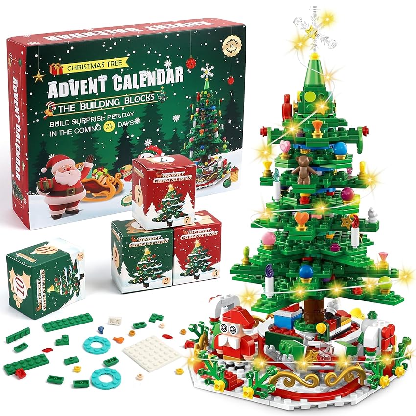 Calendario Avvento 2025 Bambini, Calendario dell'Avvento 2025 con Luce a LED, 701 Pezzi 24 in 1 Albero di Natale di costruzioni Giocattoli, Calendario dell Avvento Giocattoli Regalo di Natale (A)