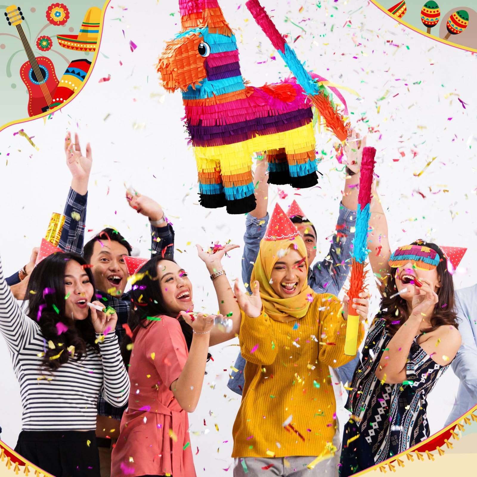 Poen Piñata grande de burro arcoíris de 21 pulgadas, piñata multicolor para fiesta, 53 x 15,7 x 6 pulgadas, decoración de fiesta temática mexicana, carnaval, festivales, eventos de martes de tacos,