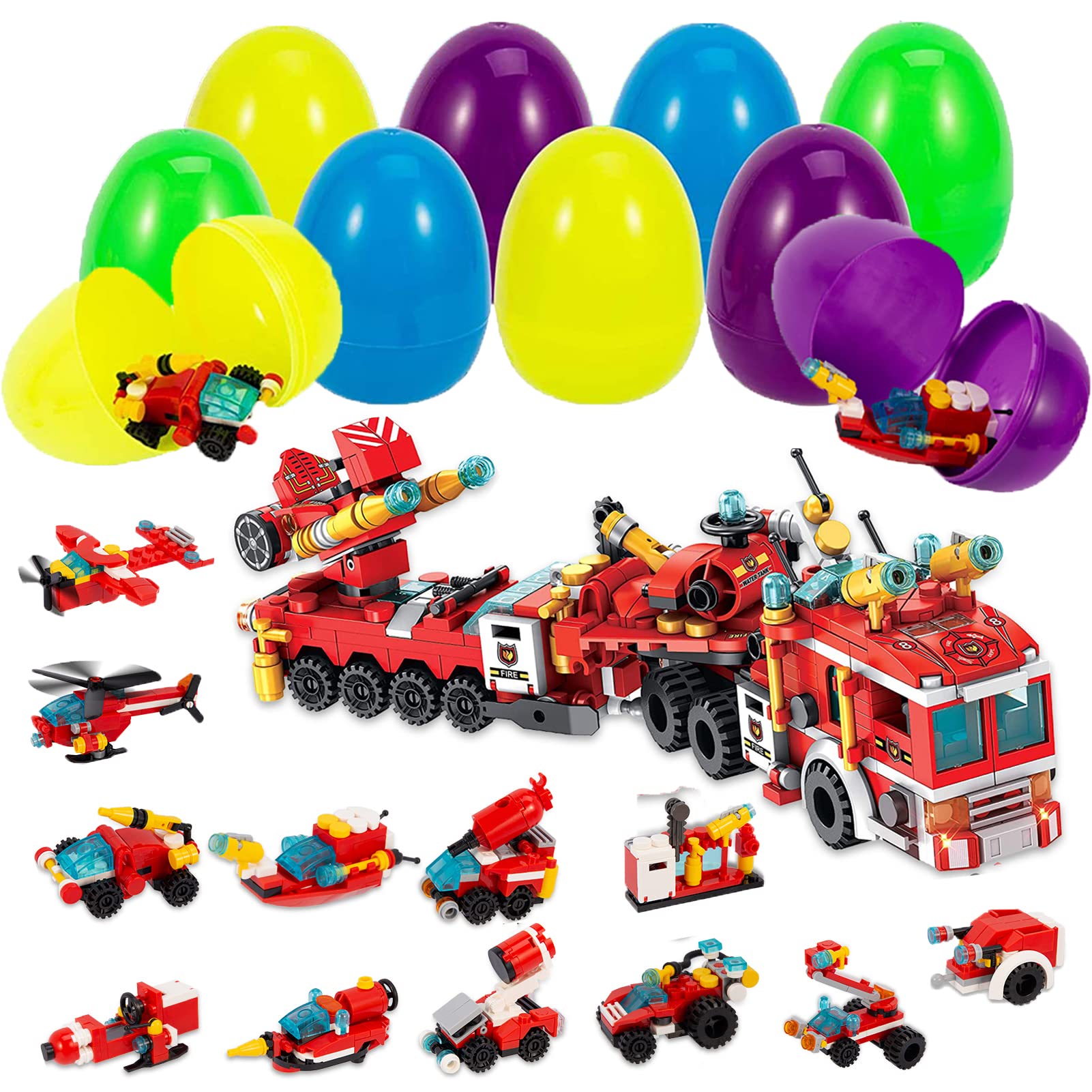 Lumiparty 12PACK Easter Eggs Prefilled with Fire Trucks Building Blocks for Kids, Easter Basket Stuffers, Easter Party Favors, Easter Egg Hunt, Classroom Events