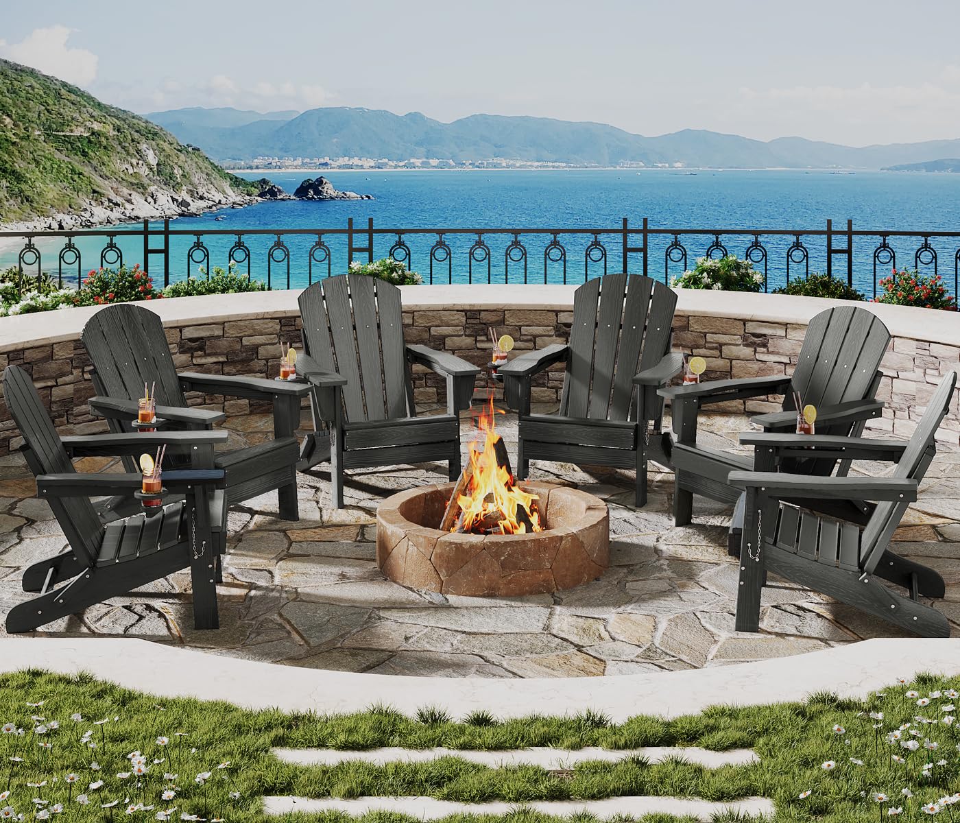 Photo 1 of GarveeLife Folding Adirondack Chair Set of 6, All-Weather HDPE Outdoor Chair, Wooden Textured with Cup Holder for patios, Decks, Gardens, fire pits, Grey
