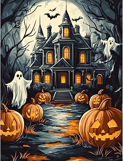 QENSPE 5D Diamond Art Halloween Pumpkin DIY Round Full Drill Diamond Painting Kits for Beginners,Ghost Diamond Dots for Adults,Home Wall Decor & Gift Perfect for Relaxation 12x16 inch