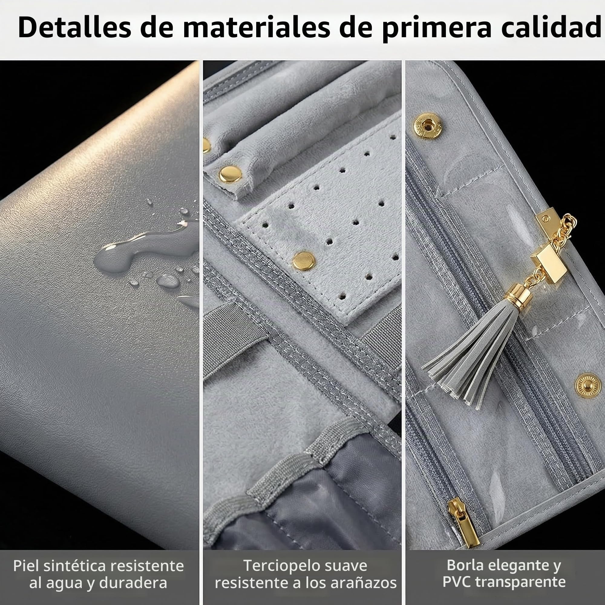 Rollo de Joyería Plegable Portáti Gran Capacidad Bolsa de Rollo de Joyería Portáti Enrollable Suave para Joyería Caja Joyero Portátil para Collares,Pendientes,Anillos, Pulsera,Pendientes Anillos(Gris)