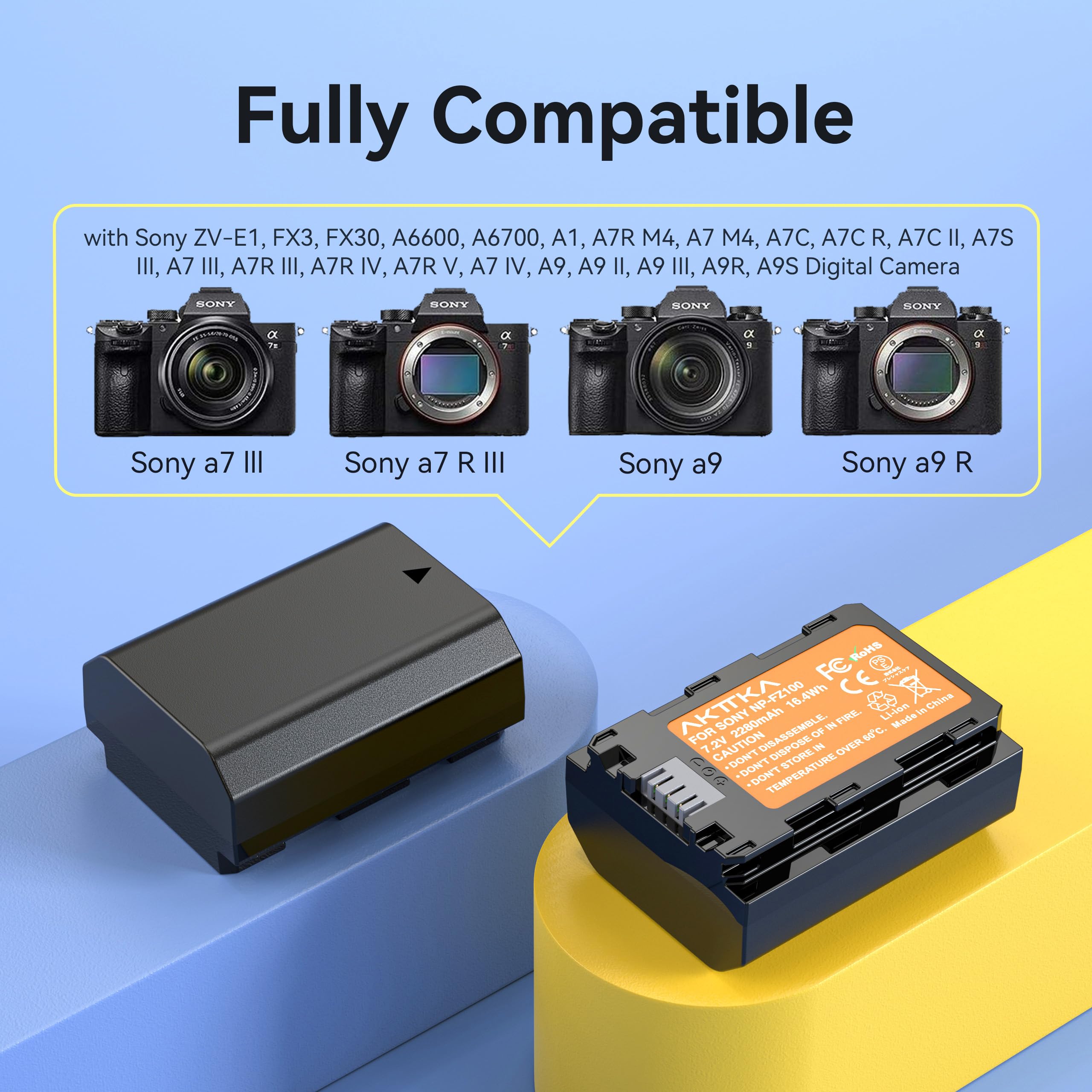 NP-FZ100 Batería 2280mAh (2 Unidades) – Cargador Rápido 20W con Almacenamiento para Sony A7iii, A7iv, A7C, A6700, A6600, ZV-E1, ZV-E10ii, FX3, FX30, A9, A9S, A7R3, A7R4,Pantalla LCD Y SD