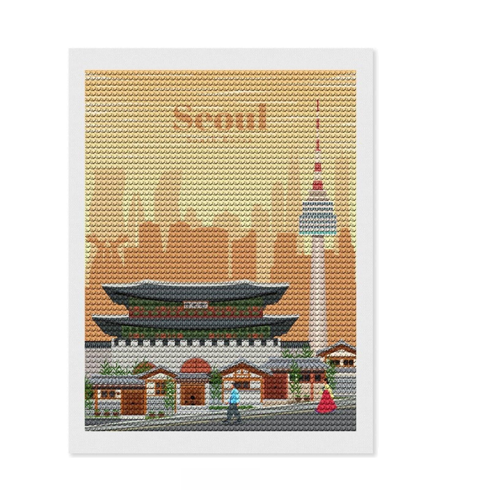 Junmoney Travel to Seoul DIY Diamond Art Canvas Kit 12"x16", for Teens, Full Kit Included, Cosy Home Accent, Birthday Gift, Printed Canvas