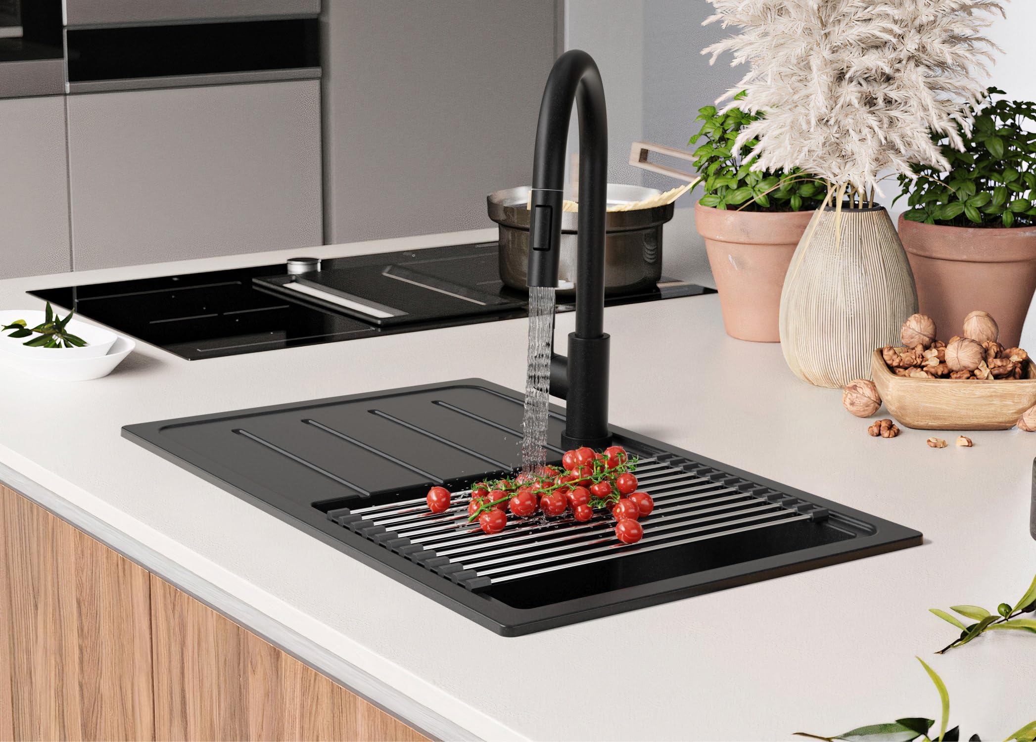 PRIMAGRAN Evier Cuisine en Granit Noir 70x44cm, Lavabo 1 bac + Robinet 32x20cm + Kit de Vidage, Évier à Encastrer au Meuble 45cm - Copenhague Easy S045