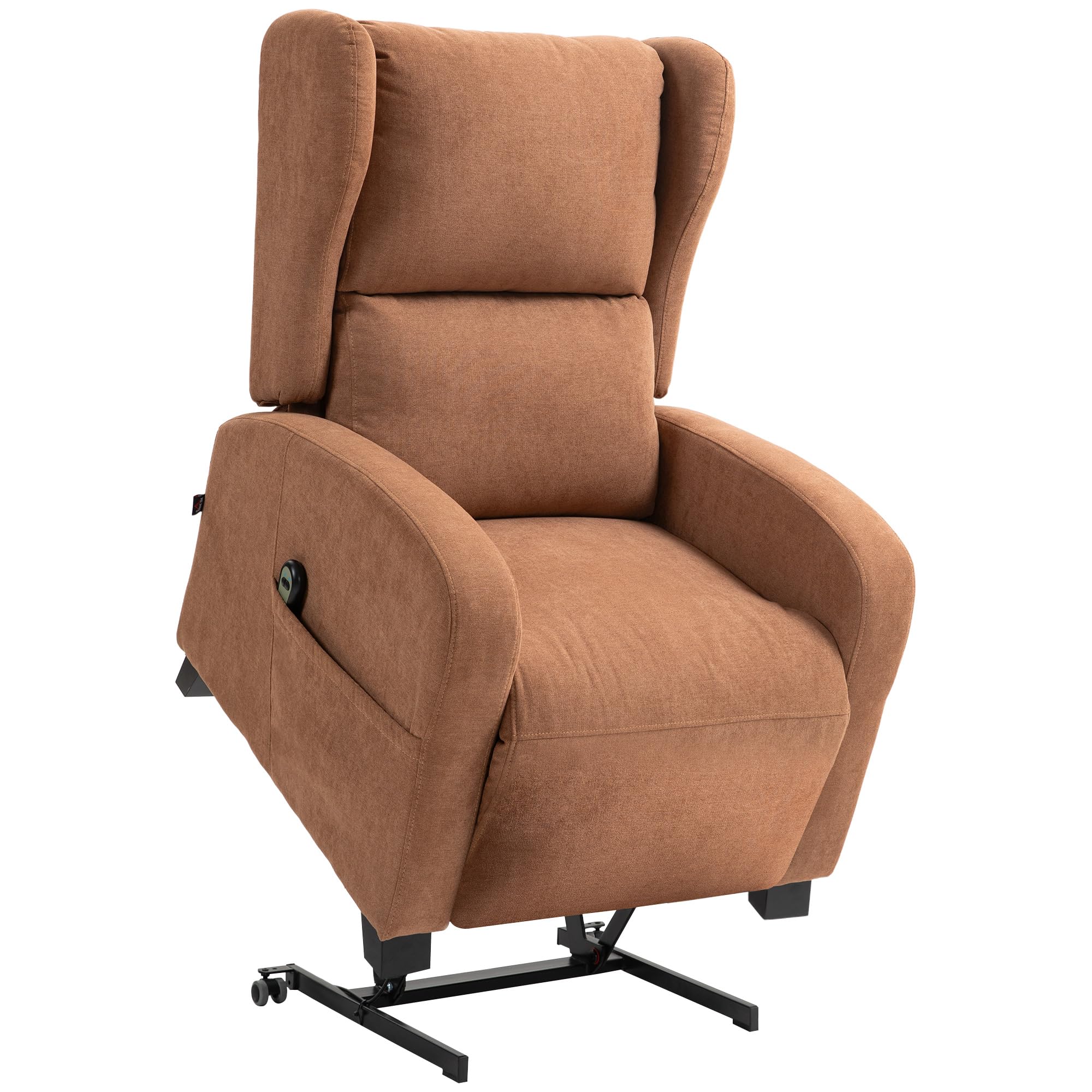 HOMCOM Poltrona Elettrica Alzapersona Reclinabile 160° con 2 Ruote Universali, Poltrona Relax Elettrica in Tessuto con Telecomando, Poggiapiedi e Tasche Laterali, Marrone Scuro