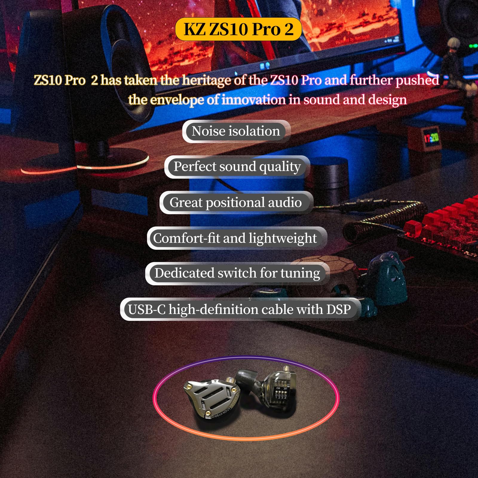 KZ ZS10 Pro 2 USB C IEM with Mic for Gaming 4BA1DD in Ear Monitors | Deep Bass Type-C Headphone Comfort-Fit Sound Isolating Wired Earbuds High-Definition Decoding DSP with 4 EQ Modes product thumbnail 3
