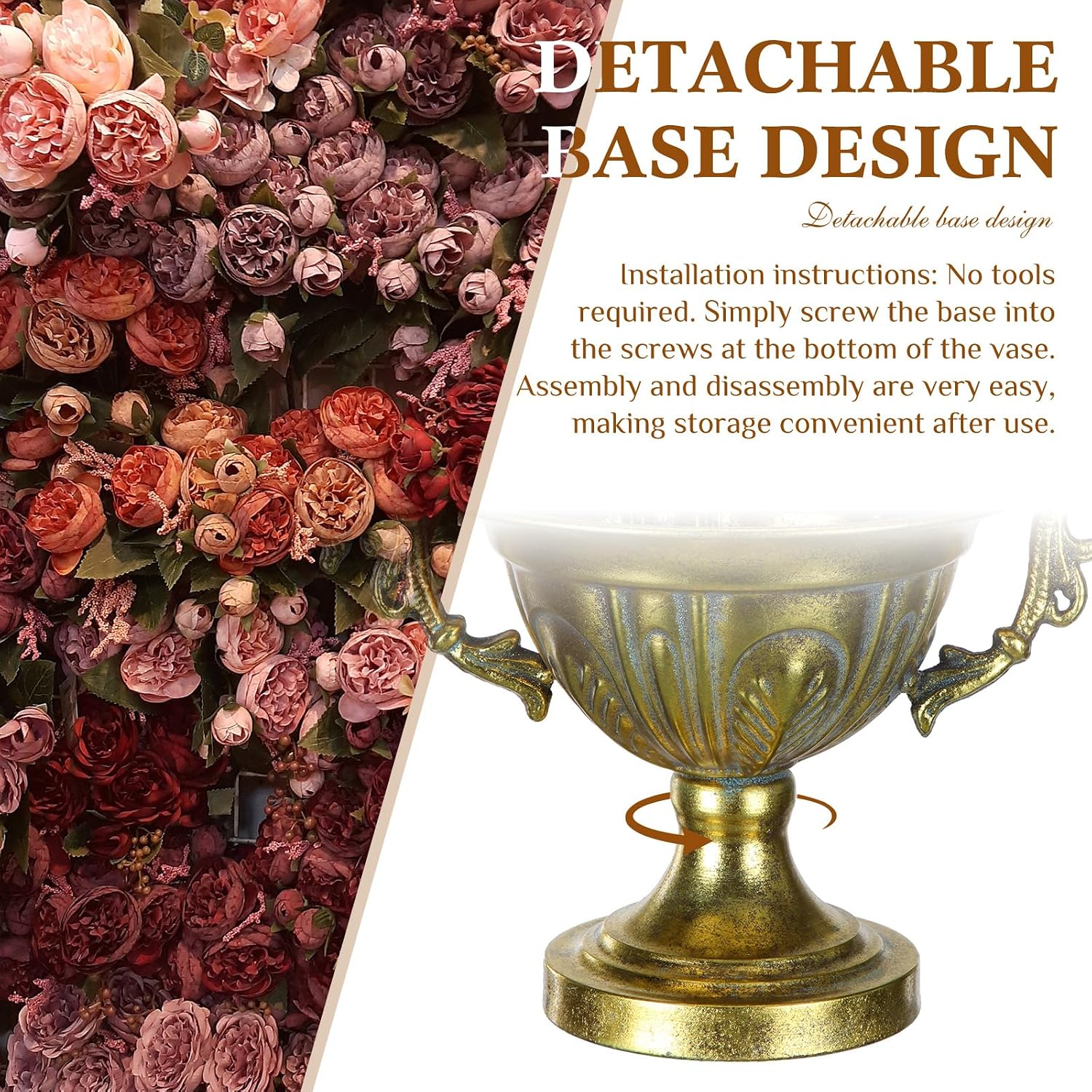 2 Pcs Golden Urn Flower Vase for Centerpieces 10.7" w x 7.1" h Vintage Iron Flower Vase Decorative Compote Pedestal Antique Urn Flowers Pot for Wedding Centerpieces Home Floral Arrangement