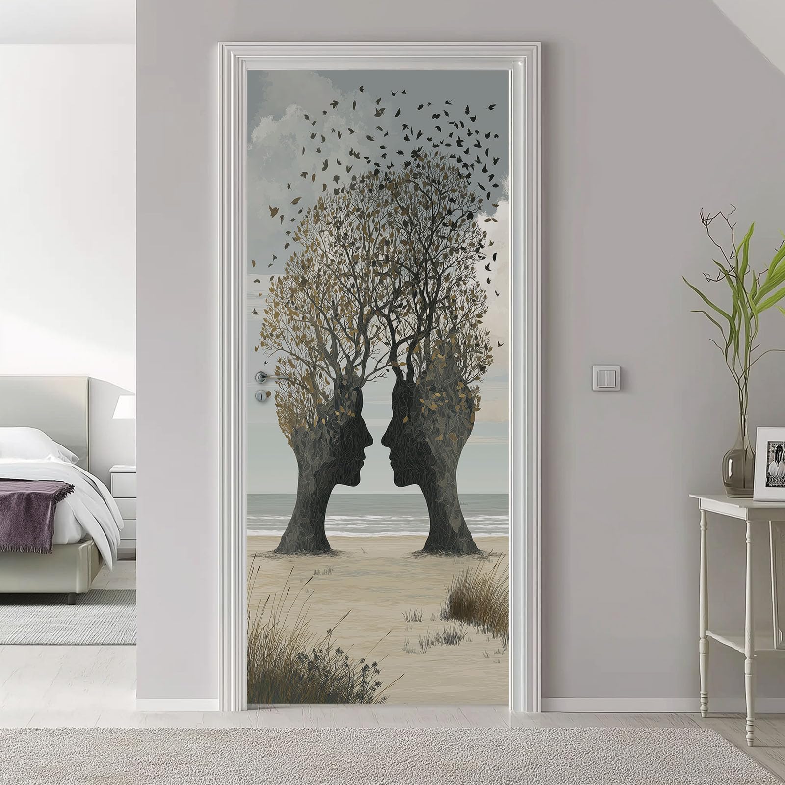 Papel pintado autoadhesivo para puerta abstracto árbol 3D póster para puerta adhesivo para puerta, silueta de gente playa impermeable vinilo lámina para puerta, gris extraíble, póster fotográfico